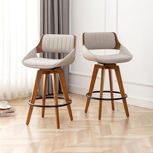 Miniatura 9 de LUNLING Juego de 2 taburetes de bar giratorios modernos de mediados de siglo, tapizados de piel sintética, sillas de bar de madera para isla de