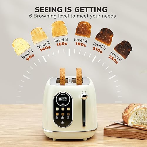 Miniatura 5 de Keenstone Tostadora inteligente con pantalla táctil de 2 rebanadas, tostadora retro de acero inoxidable de ranura ancha con 6 niveles de bronceado,