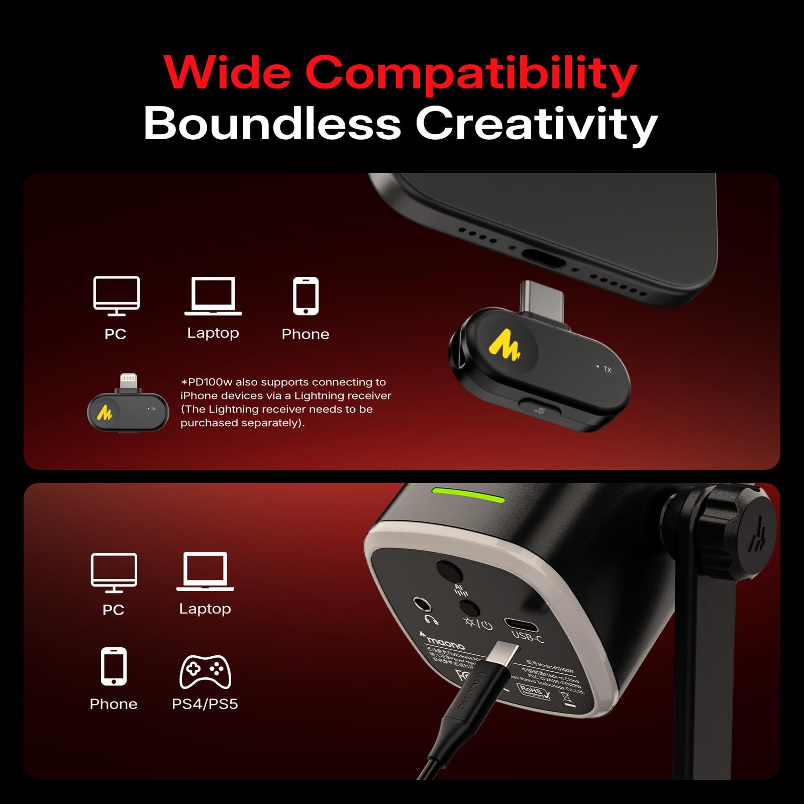 MAONO Kabelloses dynamisches Mikrofon mit USB-C, kabelloser und kabelgebundener Dualmodus, 7-lagige Rauschunterdrückung, PC-Tischmikrofon mit RGB, für Gaming/Streaming/Meetings, PD100W Schwarz
