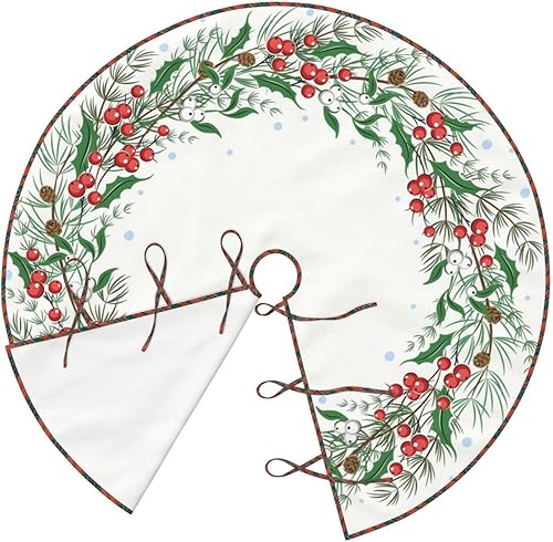 Miniatura 4 de Falda de árbol de Navidad de 36 pulgadas, falda de árbol de Navidad de lino con acebo para fiesta de vacaciones, decoración de árbol de Navidad,