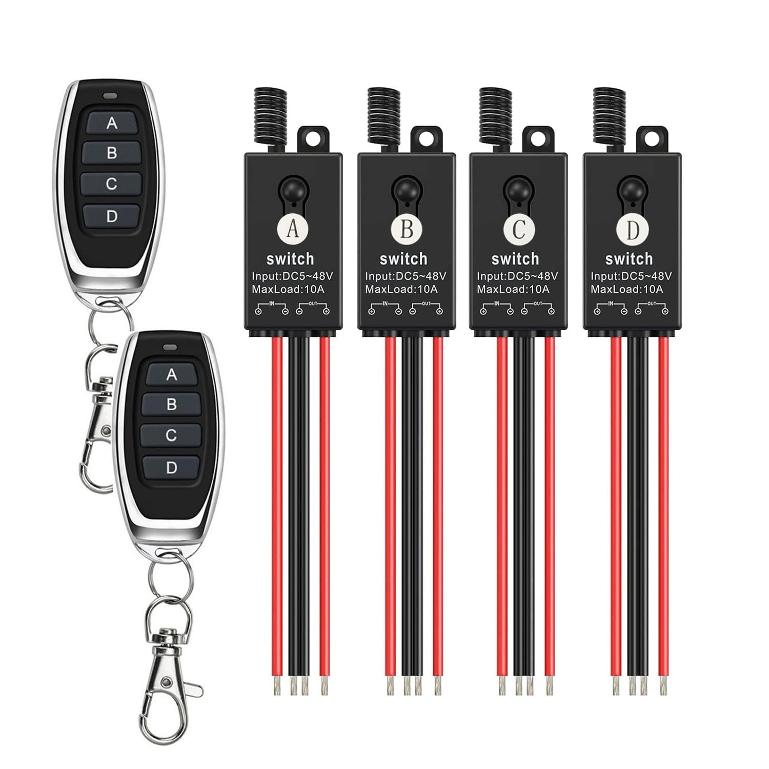 Zestaw bezprzewodowych włączników światła, 4-drożny mini przełącznik, DC 5 V/12 V/24 V/48/10 A, bezprzewodowy włącznik światła, pilot zdalnego sterowania o długości 328 ft, do silnika, światło