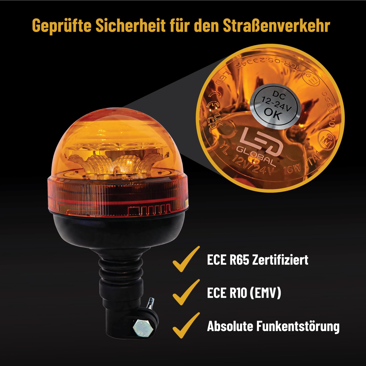 LED Rundumleuchte 12V 24V mit DIN-Stecker – Drehlicht Orange für Traktor, Auto, LKW – ECE R65 R10 Straßenzulassung, IP67, 3 Blitzmuster, Rundumlicht Warnleuchte