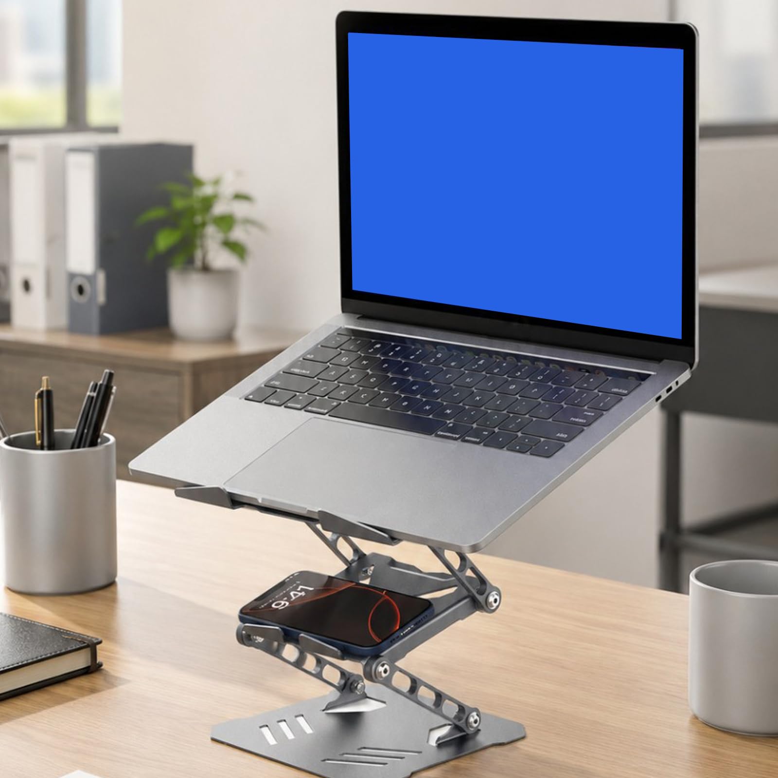 Supporto per computer portatile per scrivania, supporto regolabile per computer con base rotante a 360, supporti pieghevoli per laptop con supporto per telefono, rialzi ergonomici per lavoro