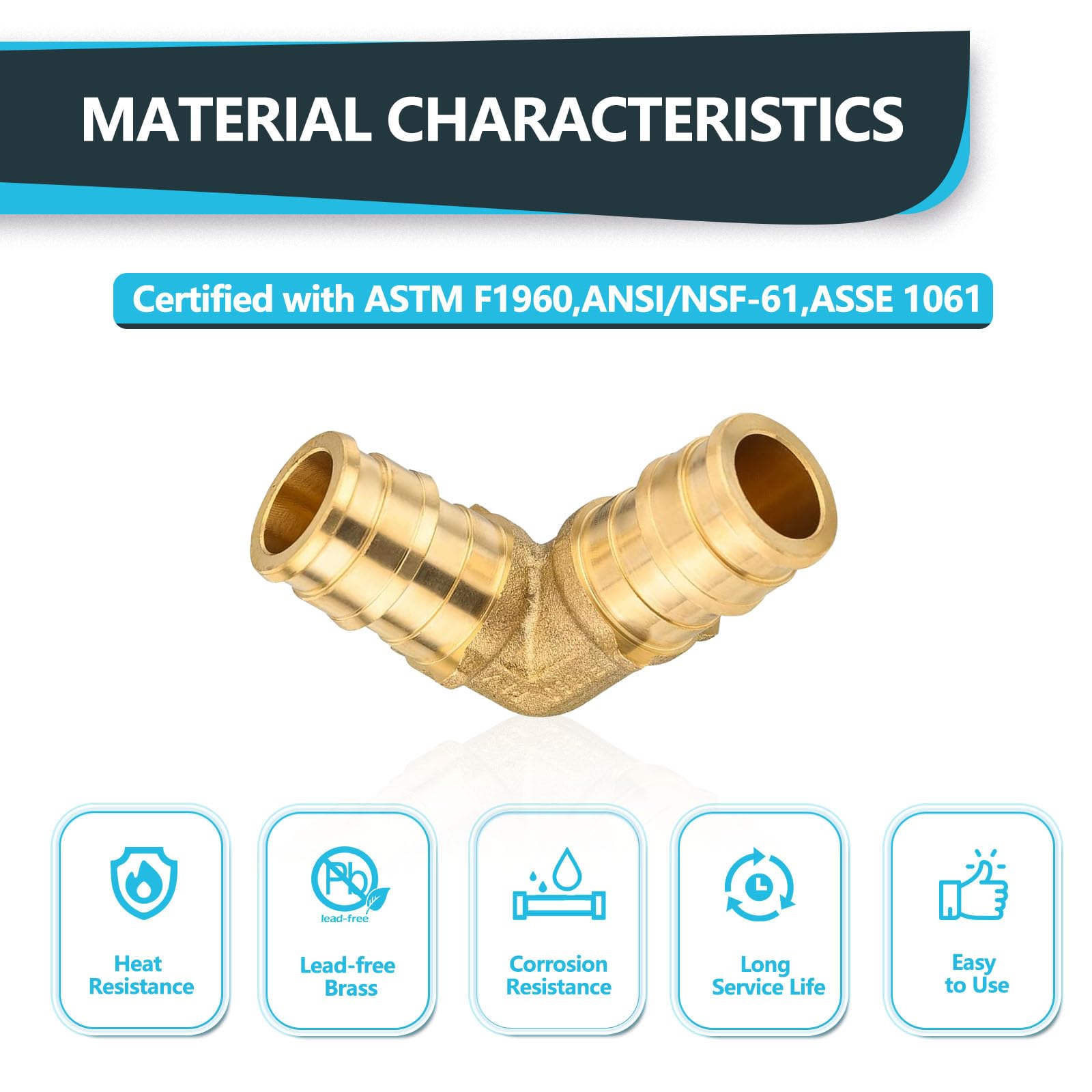 PEX-A, raccordi di espansione PEX-A, gomito PEX-A da 3/4", raccordi per tubi di espansione in ottone, per tubi PEX, ASTM F1960, confezione da 10