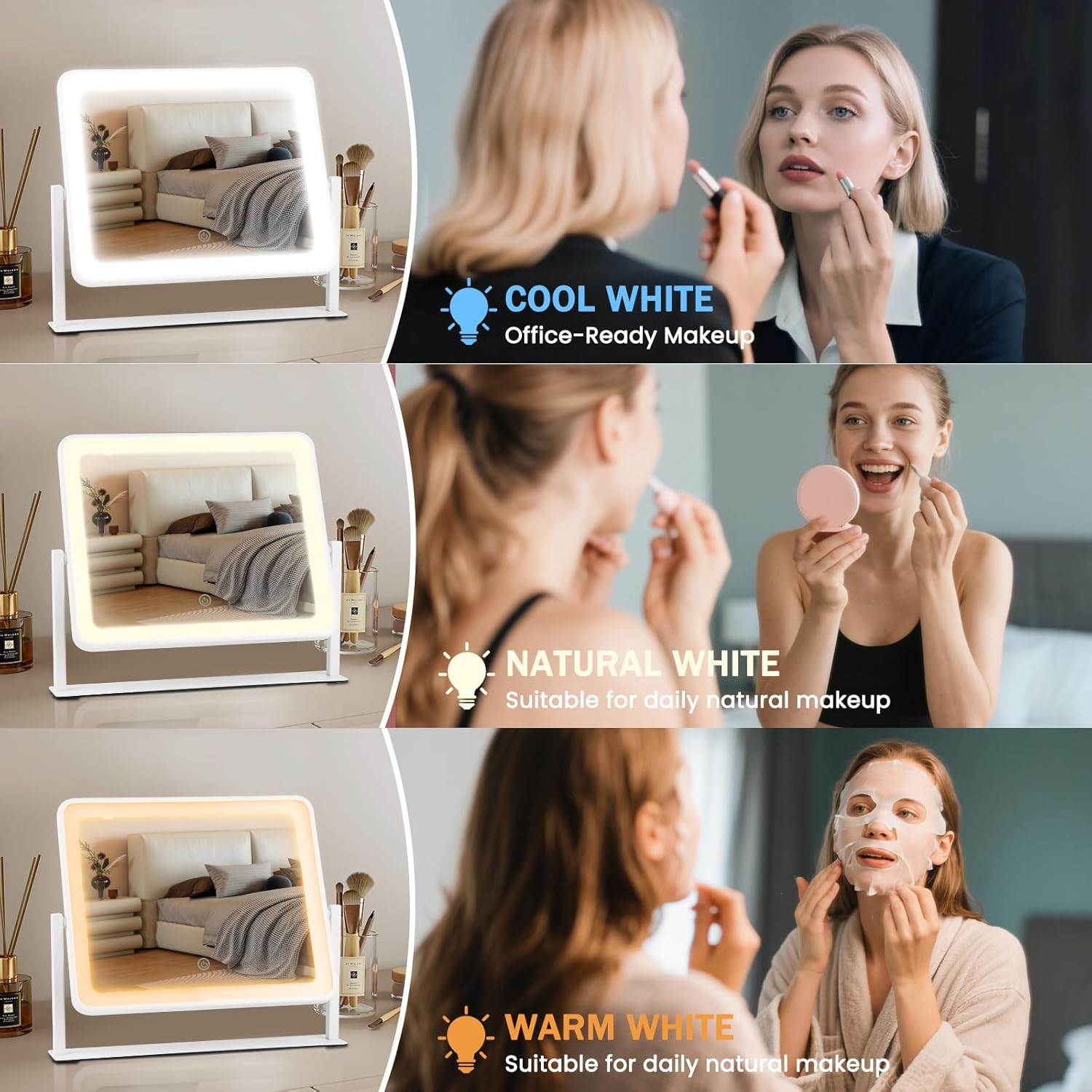 Vanity Mirror with Lights, 14"×12" LED Makeup Mirror, HD Professional Mirror, Smart Touch with 3-Color Lighting, Dimmable, 360° Rotation, Lighted Up for Makeup Desk, Bedroom (White) - Image 3
