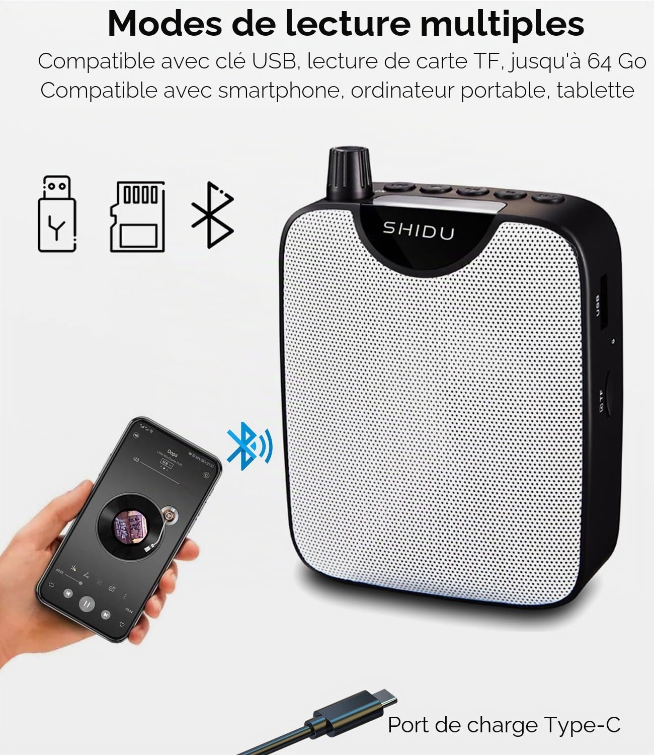 Amplificateur de Voix sans Fil SHIDU10W Portable 2000mAh Rechargeable Ultraléger Amplificateur Voix avec Microphone sans Fil de Casque ampli pour Micro pour Les Guides,Les Enseignants,conférenciers
