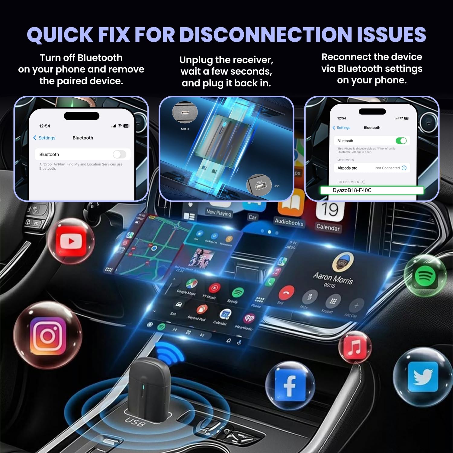 2-in-1 Wireless CarPlay & Android Auto Adapter | Converts Factory Wired CarPlay & Android Auto to Wireless | Plug & Play | USB-A & Type-C | BT v5.4 + 2.4G/5G WiFi Fast Auto Connection — Amazon image 5
