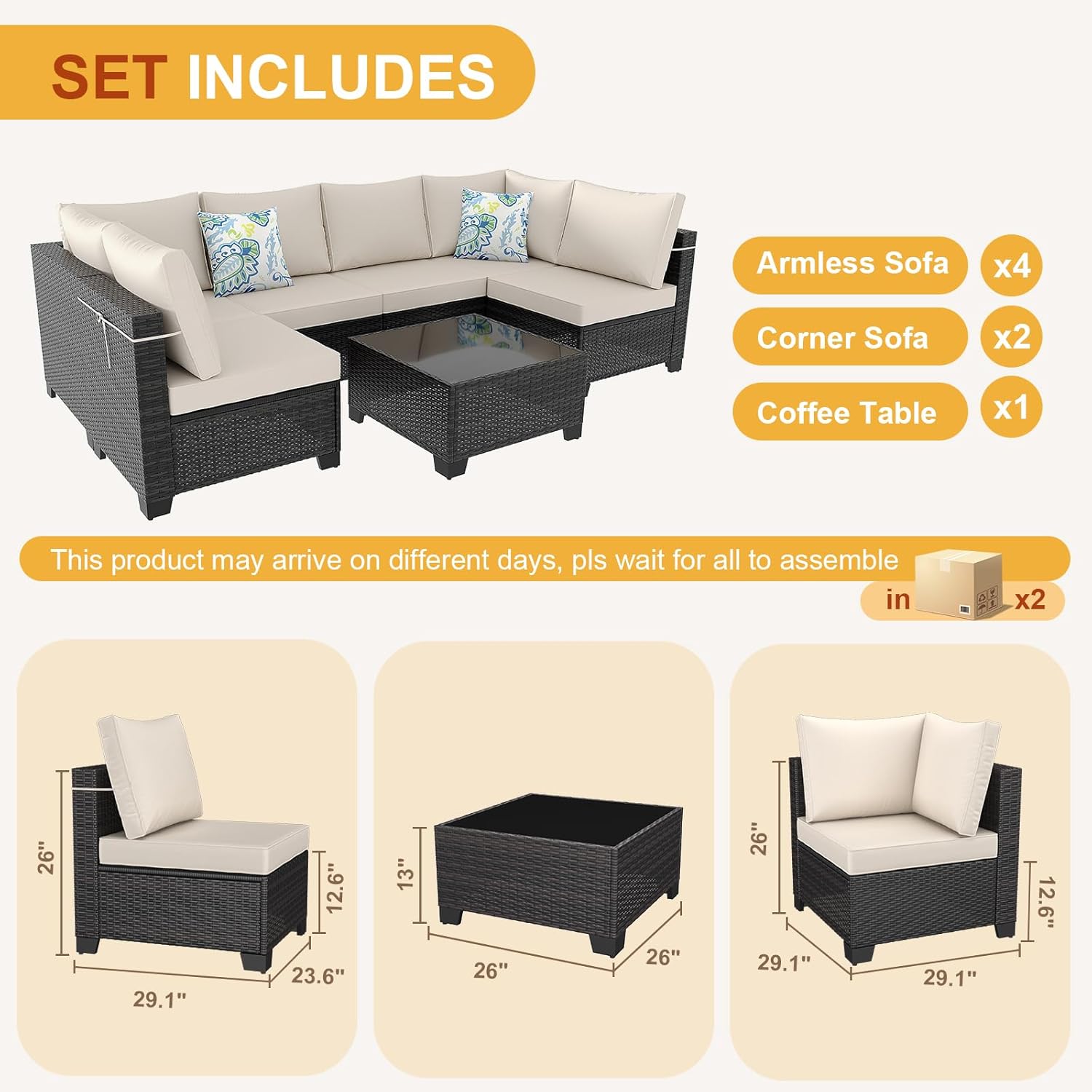 7 Pieces Patio Furniture Set, Outdoor Sectional Rattan Sofa Set, Wicker Patio Conversation Set with Cushions and Glass Coffee Table, for Balcony, Porch, Garden, (Brown/Beige)