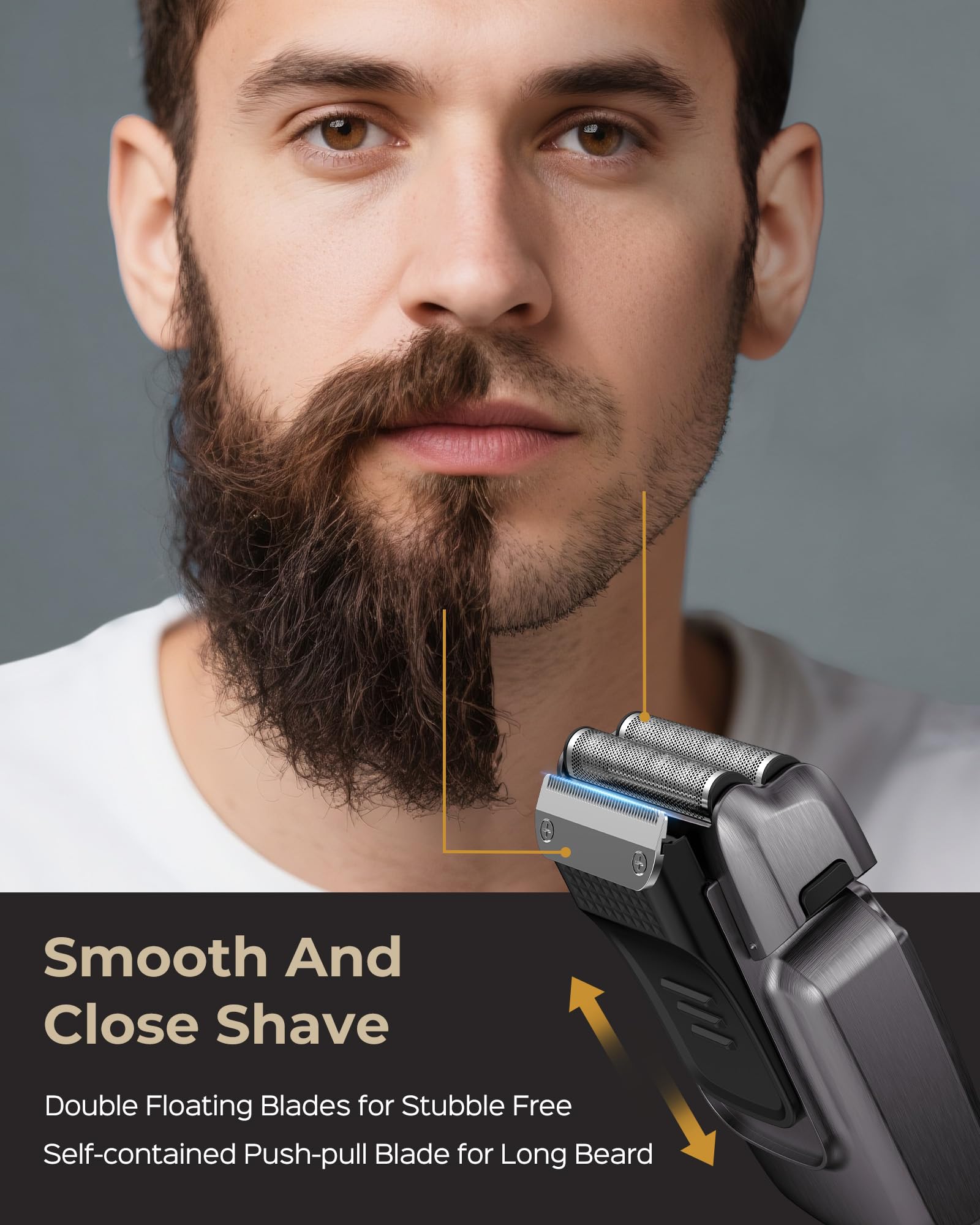 Vgrpro Foil Shaver for Men, Electric Razor for Men Face Beard, Waterproof Cordless Electric Razor for Travel, 4-Speed Setting, USB-C Rechargeable, LED Battery Display, Barber or Home Use (Gray)