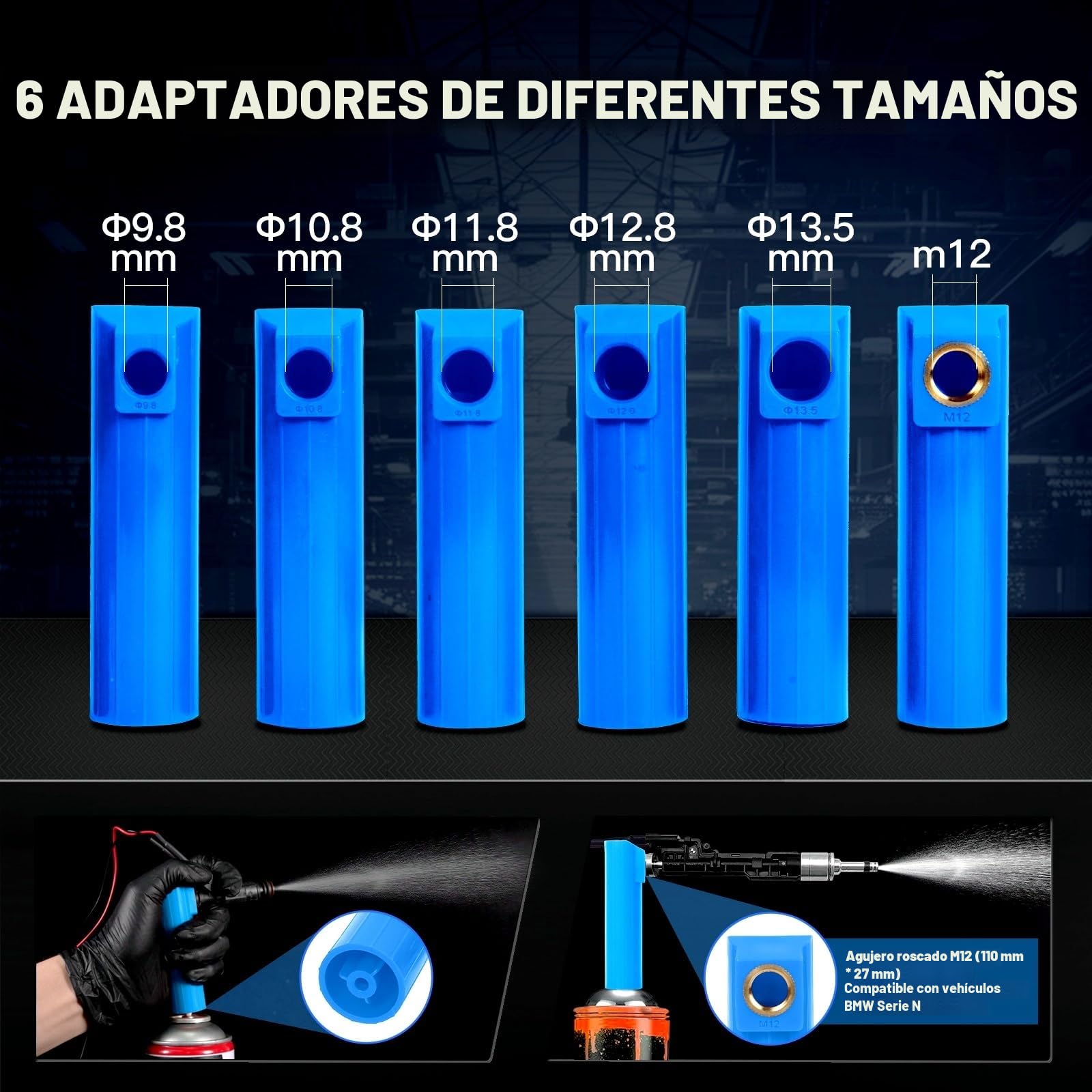 MRCARTOOL - Comprobador de inyectores de combustible para coche, 12 V, con 6 boquillas para inyectores EFI GDI de 5 V, 12 V, 8 modos de impulso, kit de limpieza, doble potencia, cable de 1 m