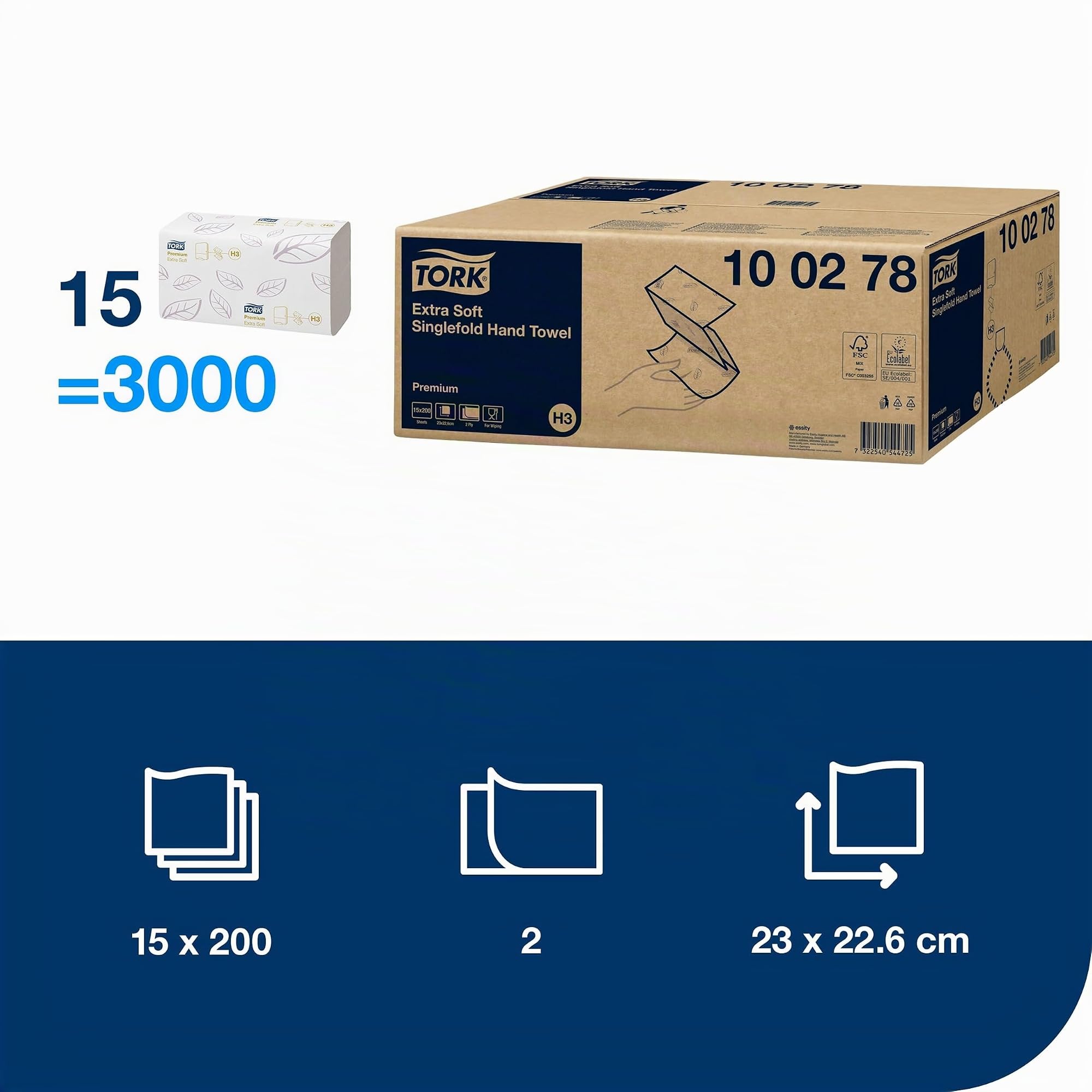 Tork 100278 Toallas de mano de papel extra suaves Tork Advanced / Toallas premium plegadas en V, compatibles con el sistema H3, blanco radiante