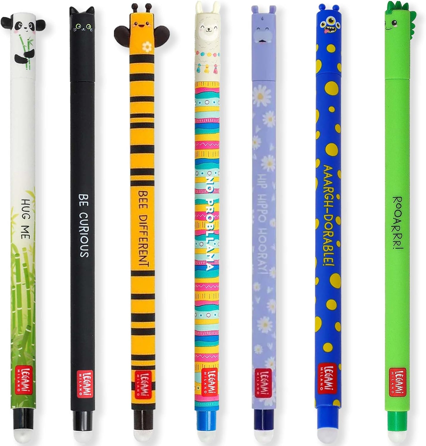LEGAMI Set of 7 erasable gel pens with thermal sensitive ink, ink color gamut and keg patterns, 0.7mm tip, panda, cat, bee, llama, lion, hippopotamus and dinosaur patterns