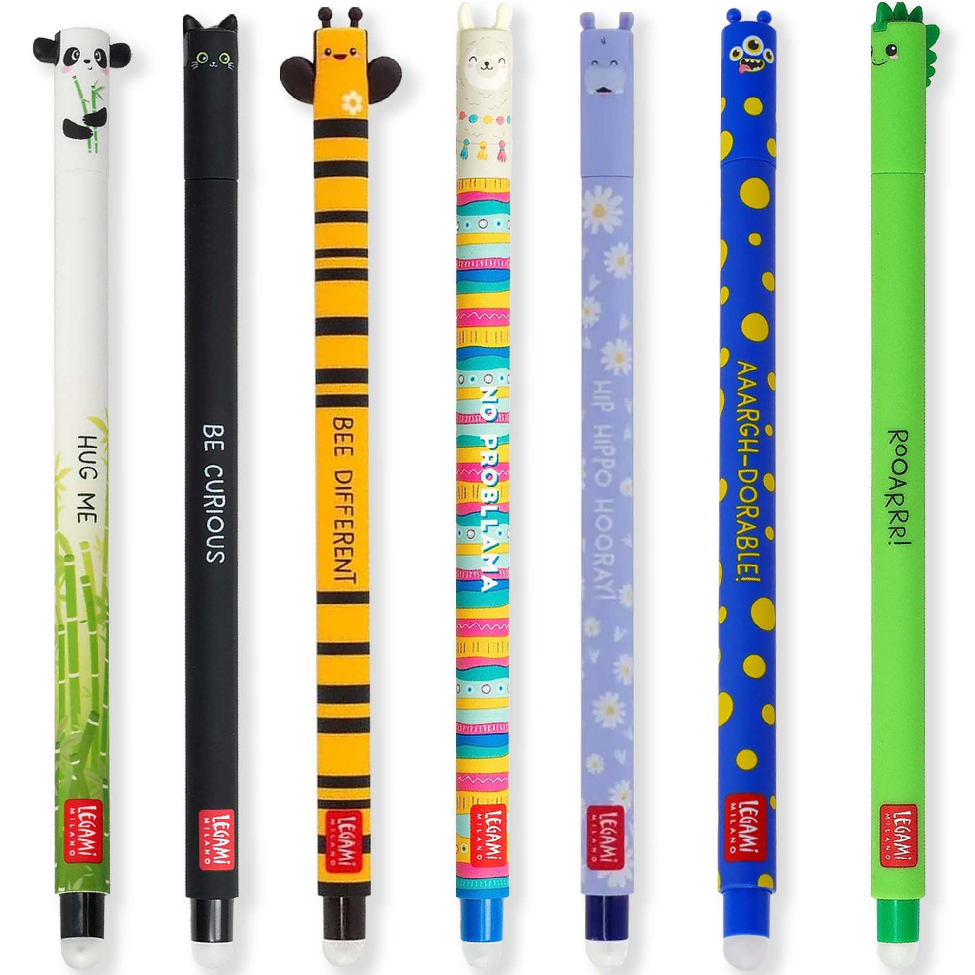 Set of 7 erasable gel pens with thermal sensitive ink, ink color gamut and keg patterns, 0.7mm tip, panda, cat, bee, llama, lion, hippopotamus and dinosaur patterns