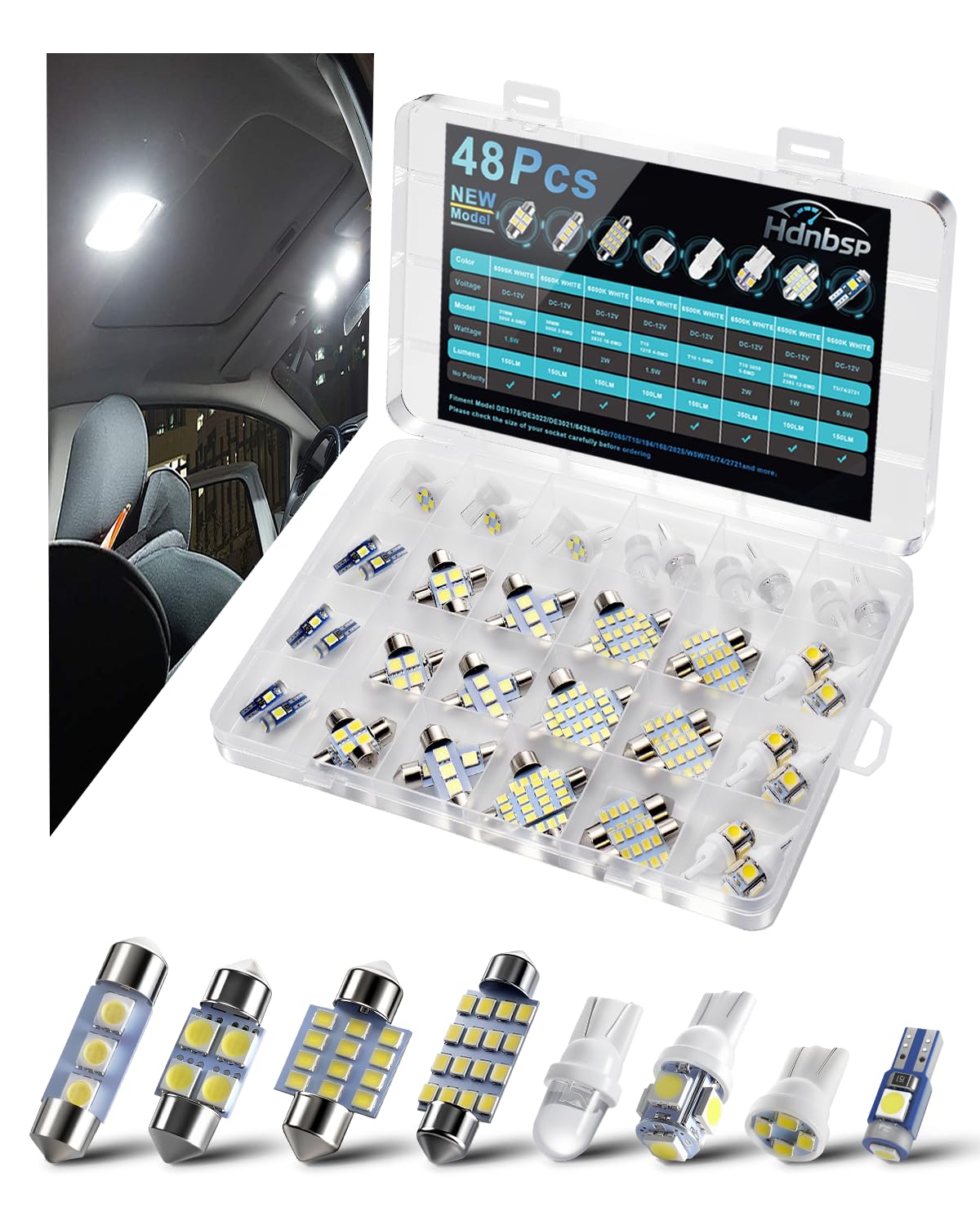 48Pcs Led Interior Car Lights Kit, Premium Bright White Led Bulb (194 T10 T5 De3175 578 31mm 42mm) | Dome Map Dash Door License Plate Tail Light Bulbs, Interior Lights for Cars, Trucks, Rv, Boat