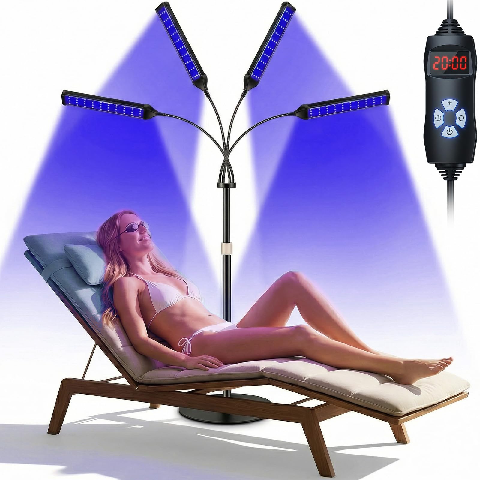 Lámpara de bronceado para el hogar: lámpara de bronceado facial con 4 cabezales de lámpara y 540 bombillas LED, soporte giratorio de 360°, 5 modos de iluminación, temporizador ajustable, con gafas