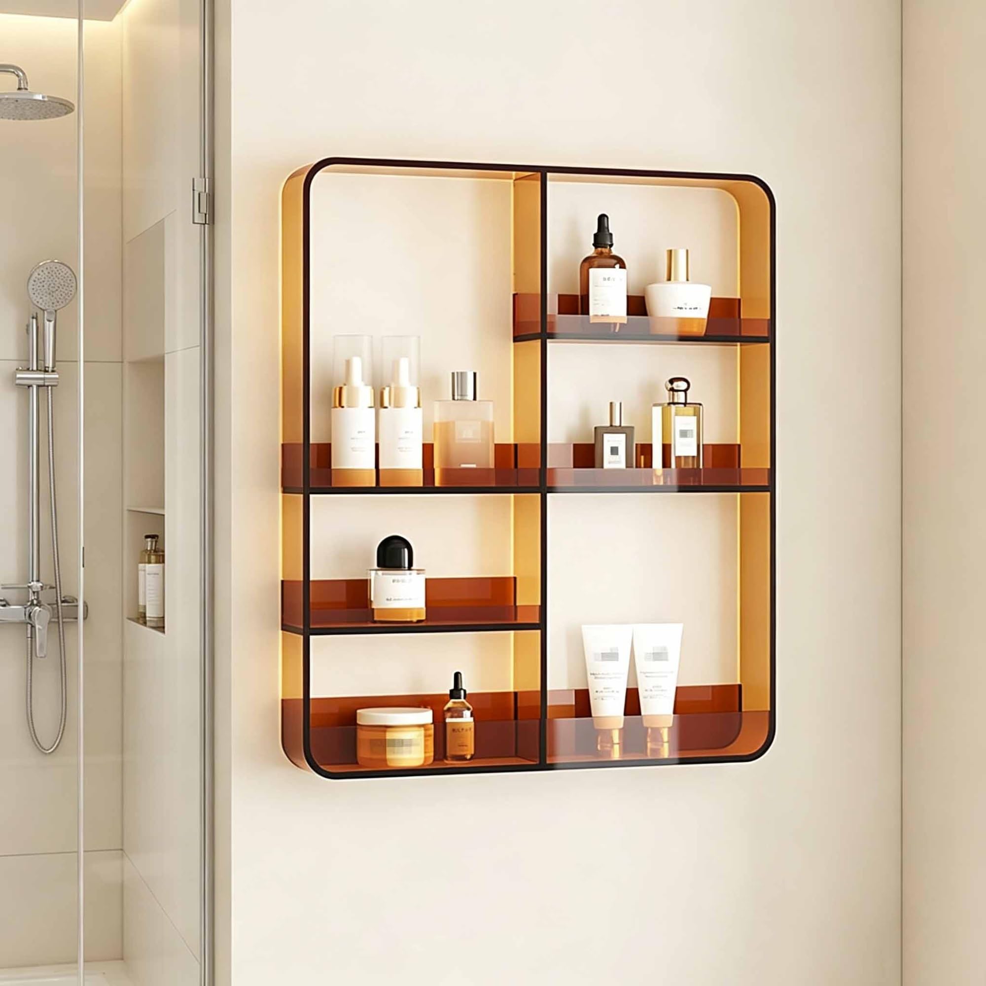 Dalumian Brown Wall Mounted Acrylic Storage Rack, Self-Adhesive Invisible Wall Shelves, Nail Polish Book Decoration Makeup Perfume Organizer Floating Shelf(Brown)