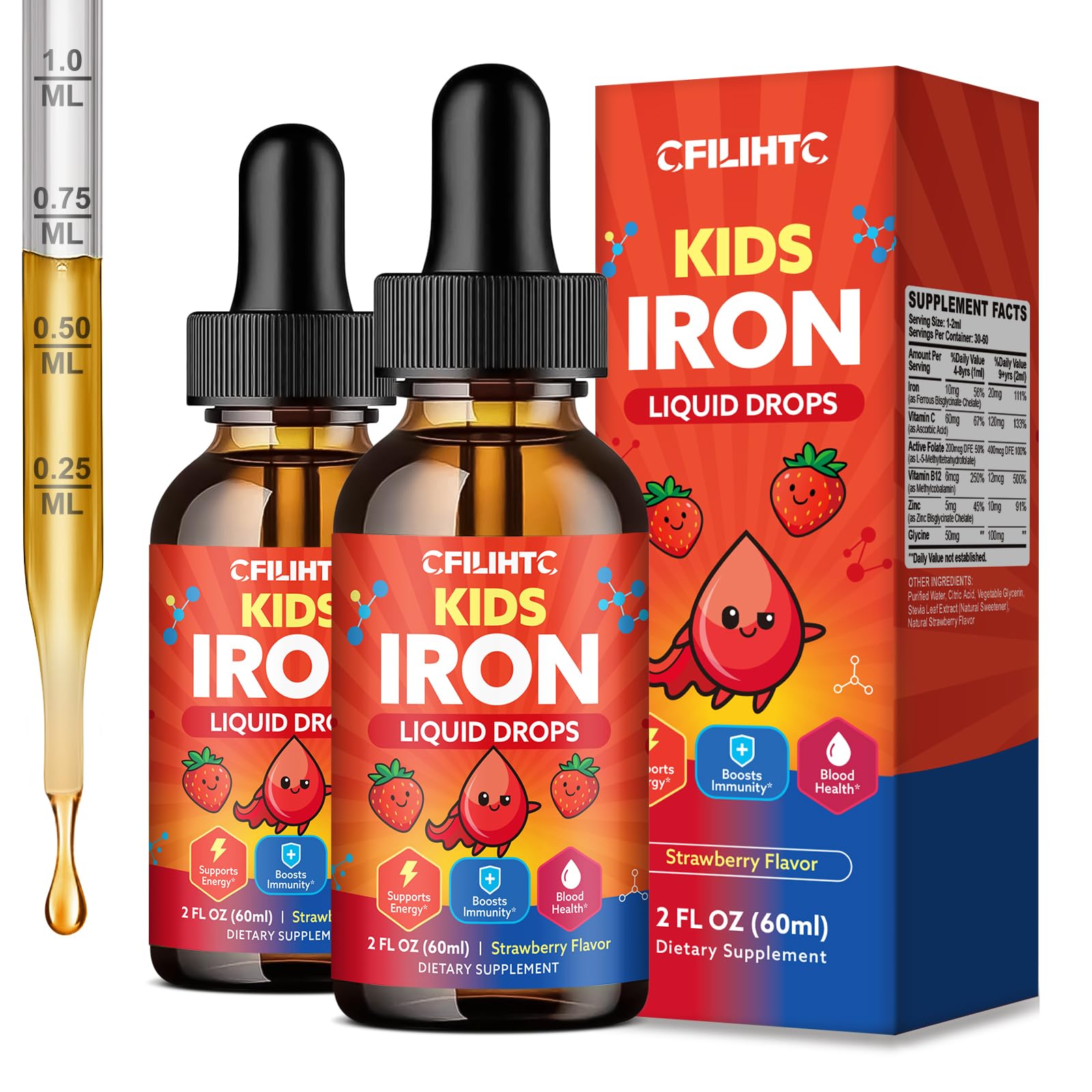 Iron Supplements for Kids Ages 4+, Liquid Iron Drops with Ferrous Bisglycinate, Vitamin C, Active Folate, B12, Zinc & Glycine, Kids Multivitamin with Iron, No Added Sugar, Strawberry Flavor, 4 Fl Oz Strawberry 2 Fl Oz (Pack of 2)