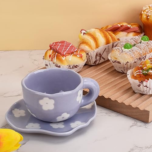 Miniatura 3 de Koythin Taza de café de cerámica con platillo, bonita taza creativa diseño único de platillo irregular para oficina y hogar, 6 oz6.1 fl oz para té