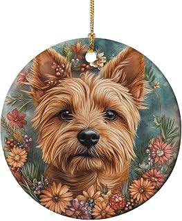 Australian Terrier Dog with Flower Wreath Watercolor Style 1 - Ceramic Ornament – Handcrafted Christmas Tree Decoration, Holiday Keepsake Gift Hanging