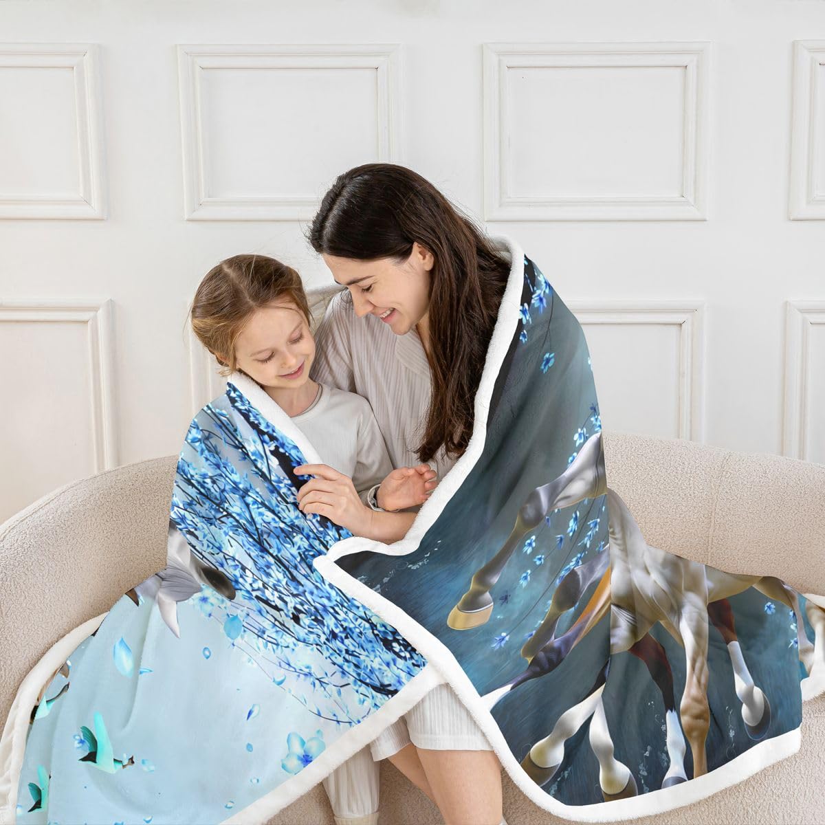 Manta Sherpa con diseño de caballo para niños, ramas de cerezo, corcel, cobija de forro polar azul de ensueño para niñas y adolescentes, manta mullida para sofá, cama, sofá, decoración de animales
