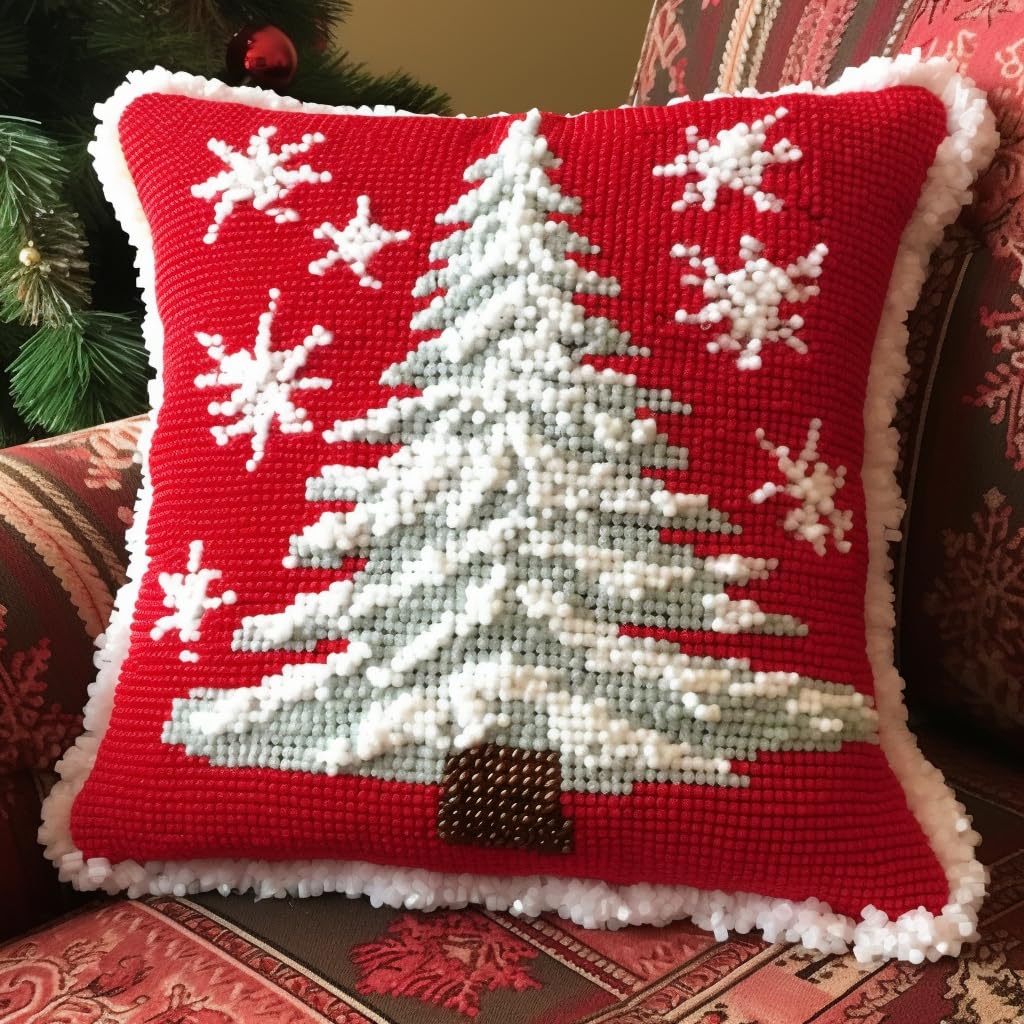 Merry Christmas White Snow Tree Latch Hook Kits Red Pillow Crochet Yarn Rug Pre-Printed Cushion Pillowcase Hook and Latch Kit Christmas Home Sofa Decoration 43x43cm(10)