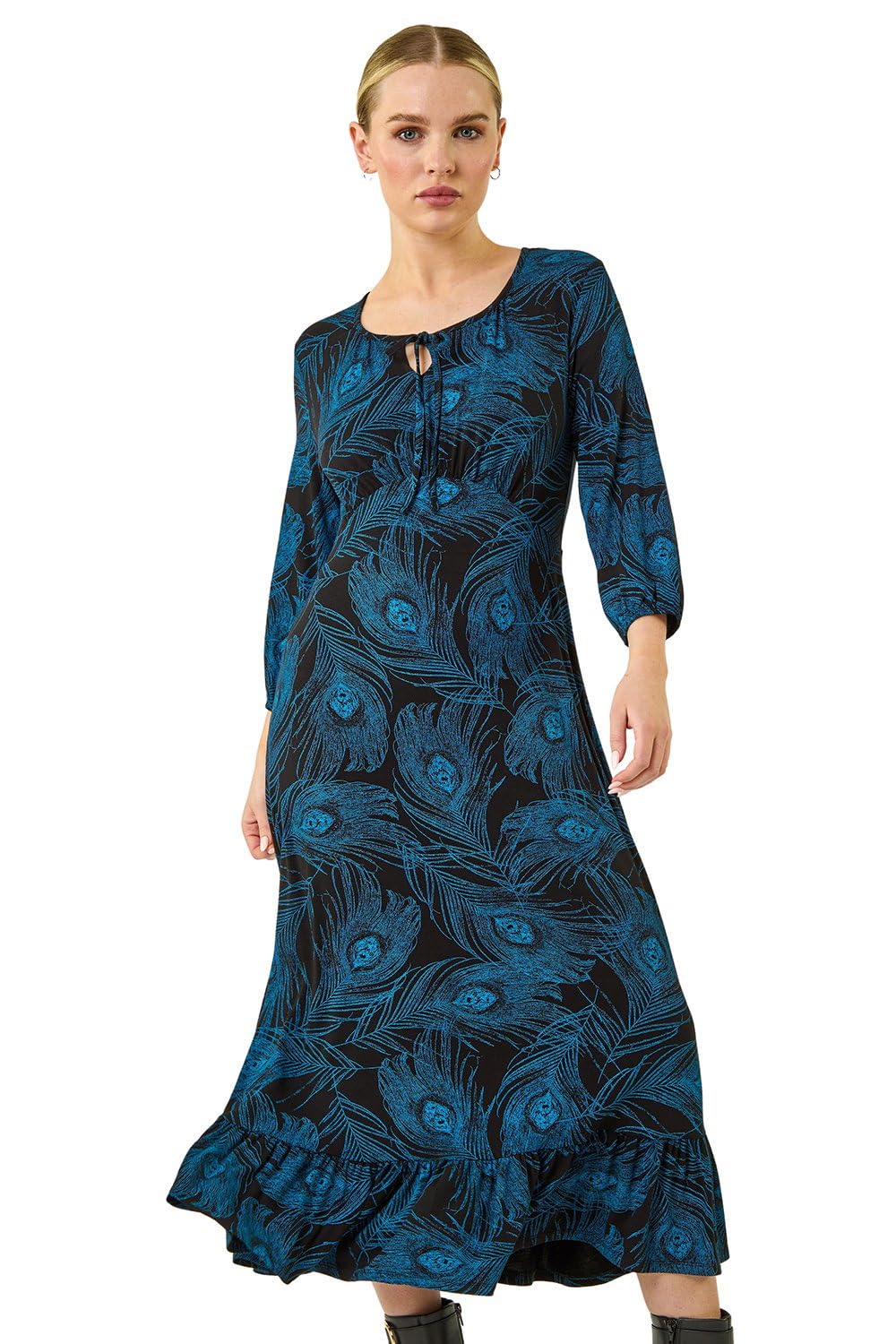Roman Originals Women's Petite Blue Noir Roman Petite Gathered Chest Dress For Uk Stretchy Fit & Flare Swing Tea A Line Skater Knee Length Long Sleeve Midi Smart Casual Work Going Out Party - Size 18