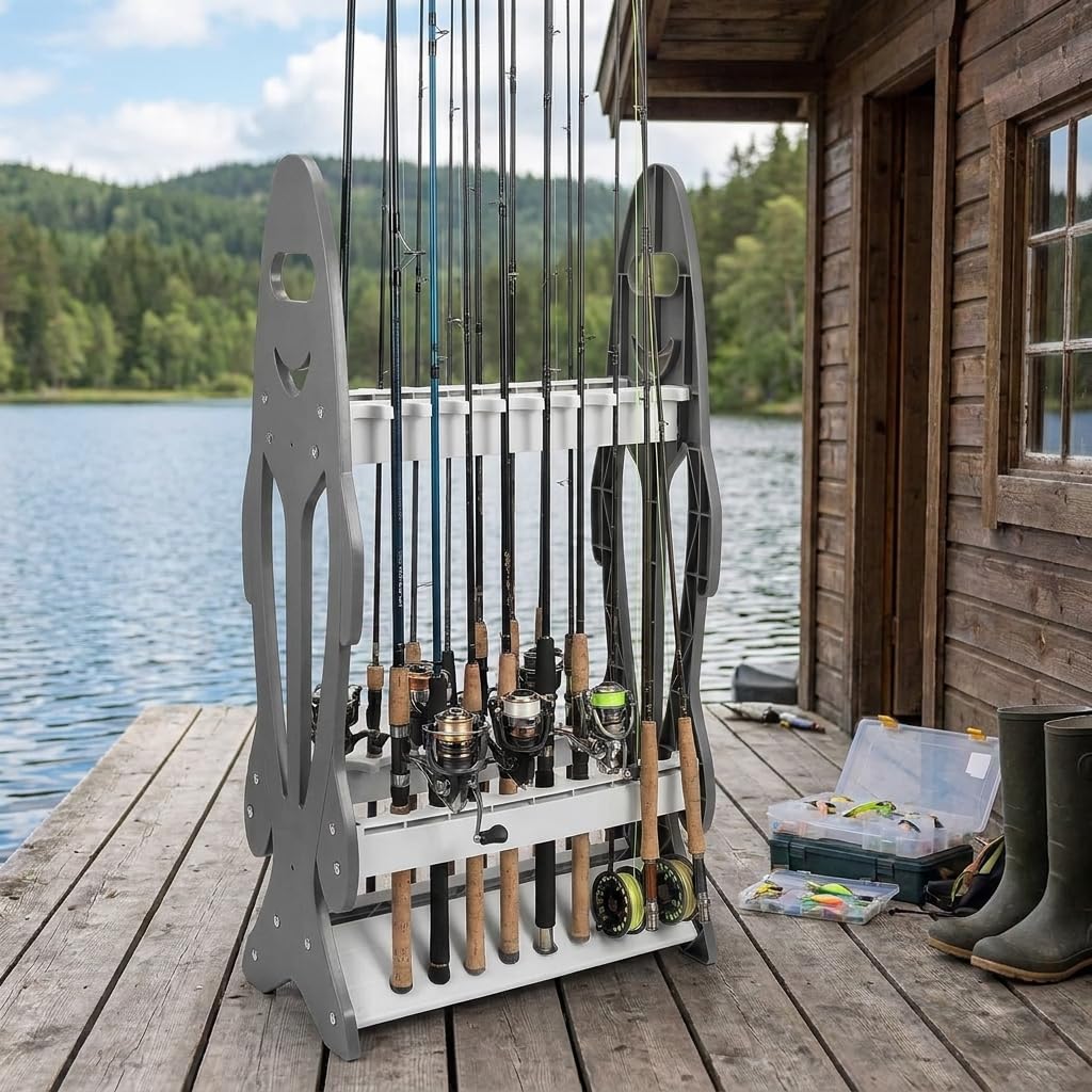 QWORK® Angelrutenhalter, Rutenständer für 16 Angelruten, Stabiler und Leichter Rutenhalter, für Meisten Angelrutentypen