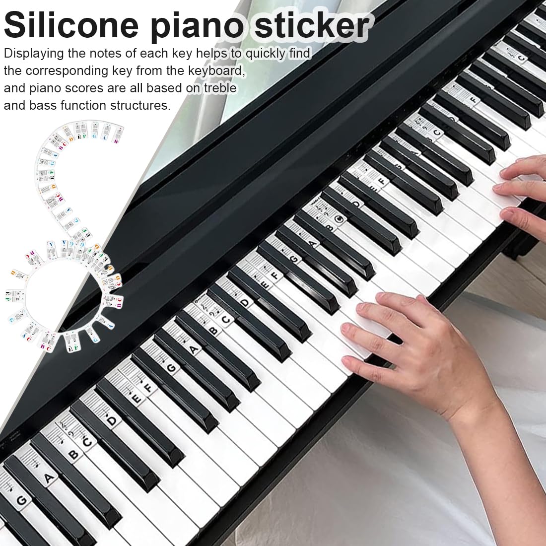 Klavier Noten Aufleger, Abnehmbare Klavier Keyboard Noten 61 Tasten,Piano Keyboard, Keyboard anfänger, Non-Stick Silikon Klaviernoten Klaviertastenetiketten Overlay(Farbe)