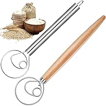 Danish Dough Whisk LXUNYI 13 Inch Bread Dutch Dough Whisk Hand Mixer Wooden Handle Kitchen Baking Whisk Tools Artisian Blender for Baking Cake, Dessert, Sourdough, Pizza, Pastry (1 Stainless 1 Wood Whisk 2Pack)