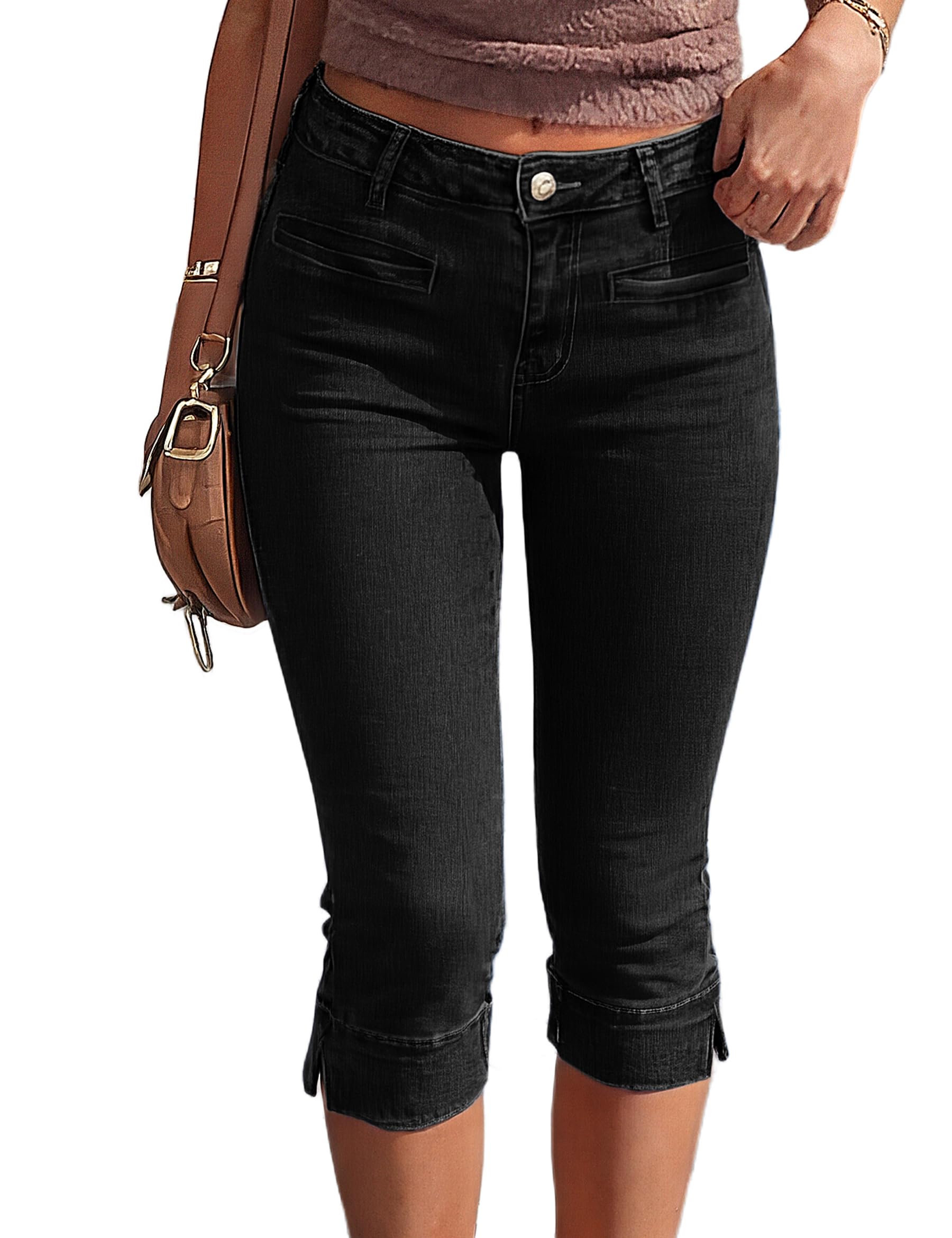 Fengbay Jeans Capri da donna, elasticizzati, a vita bassa, a tre quarti