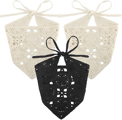 Miniatura 9 de CALIDAKA 3 pañuelos florales de ganchillo para el cabello, bufandas de punto para el cabello, diademas florales para el cabello, pañuelo triangular
