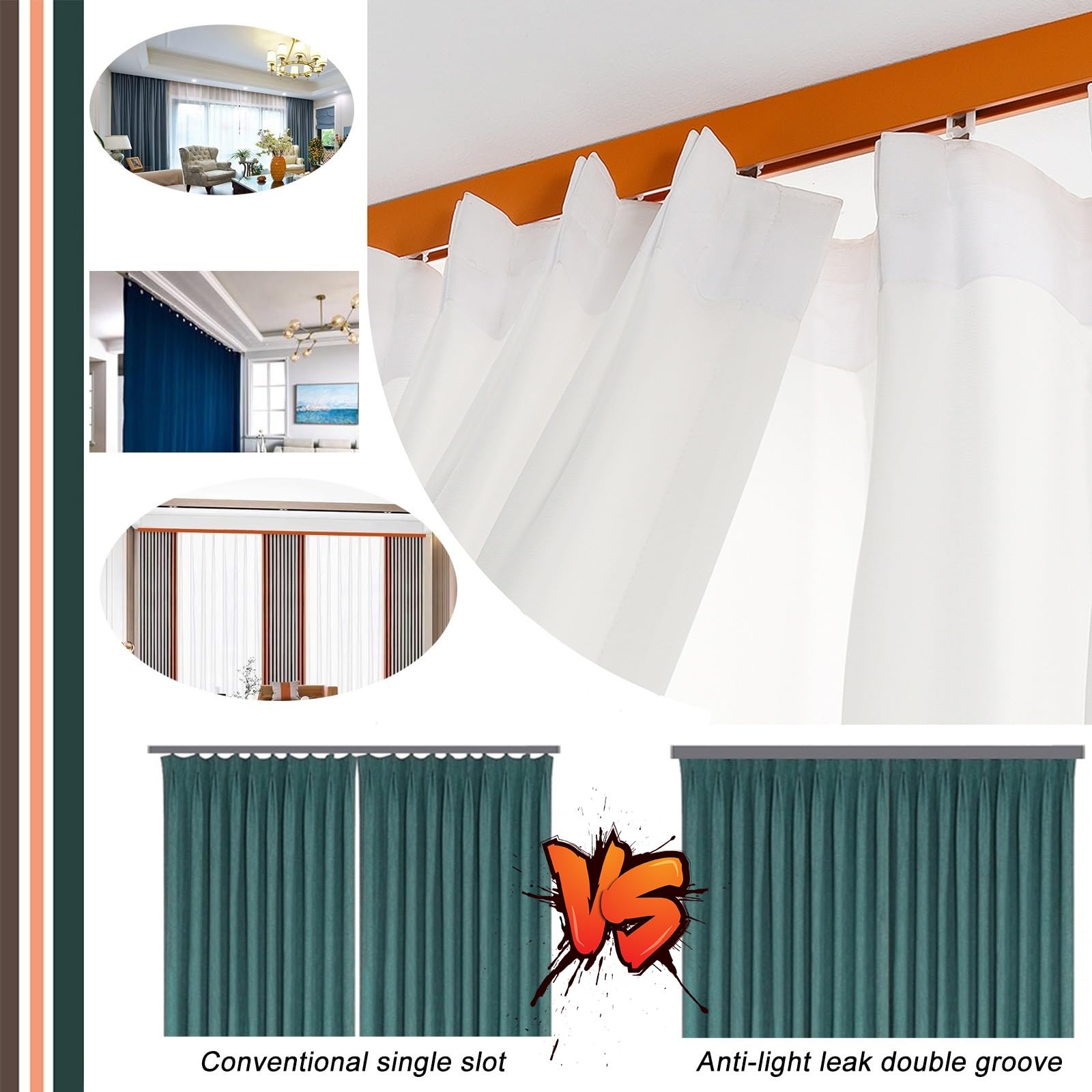 Rail de Rideau Robuste, Tringles à Rideaux Simples, Rail Rideaux Plafond Aluminium Tringle à Rideau Montage Mural pour Salon, Chambre à Coucher avec Crochets à Roulettes (C-Wall, 3.0m)
