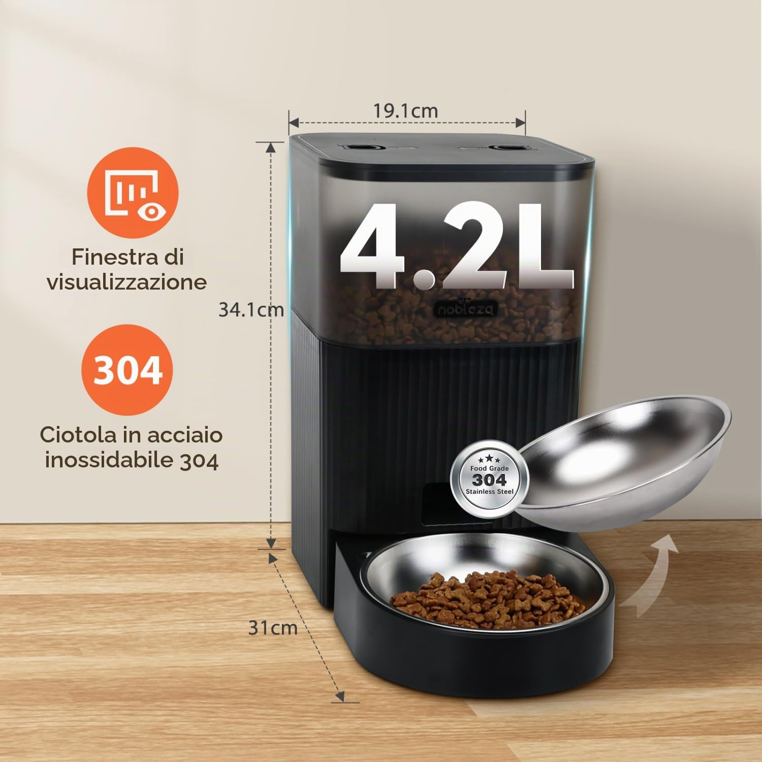 Nobleza - Distributore Automatico di Cibo per Gatti e Cani - 4.2L con Timer Programmabile, Registrazione Vocale 10s, Ciotola in Acciaio Inox 304, WiFi 2.4G - Mangiatoia Automatica (Nero)