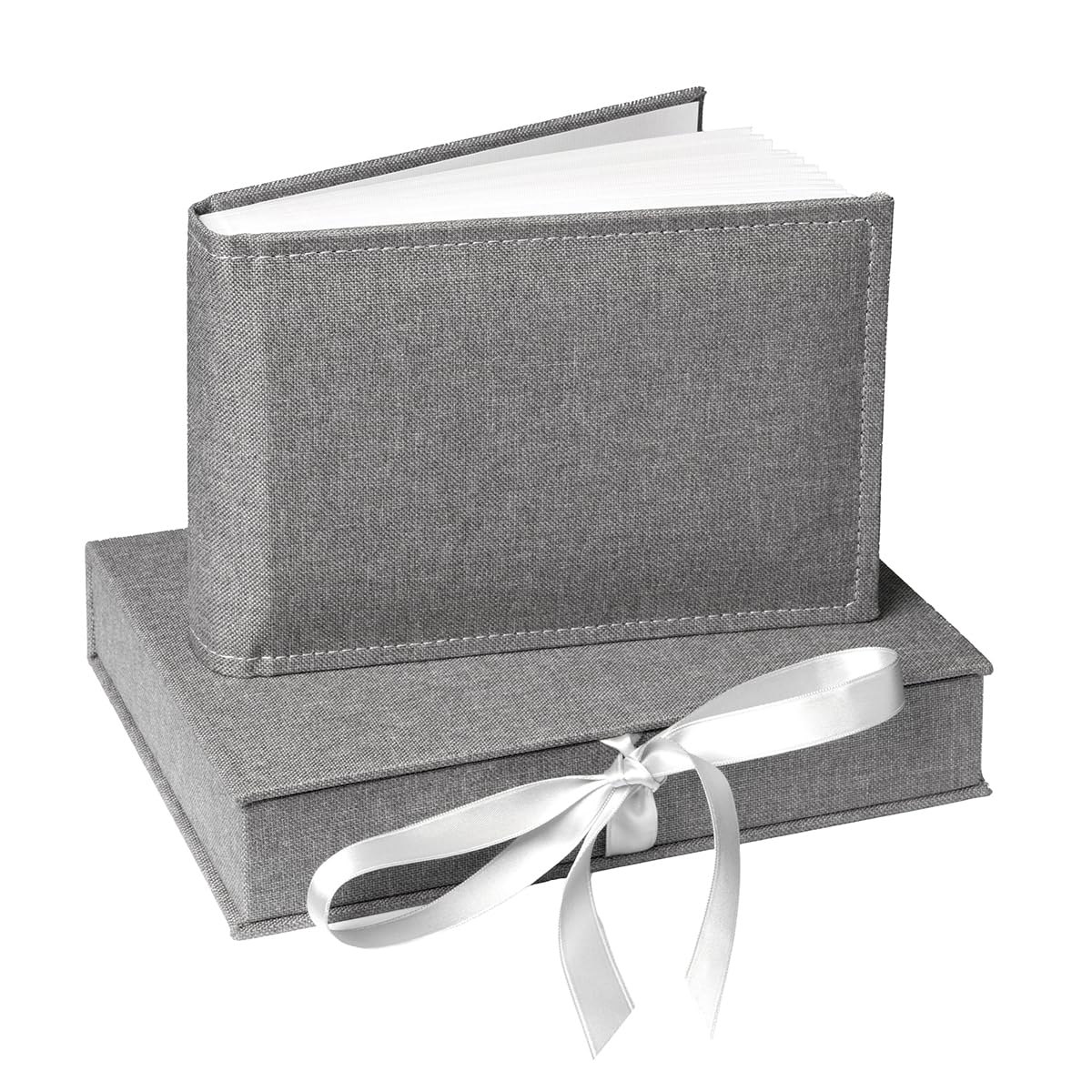 Álbum de fotos de 20 x 15 cm con funda de tela gris, 25 x 20 cm, caja con álbum