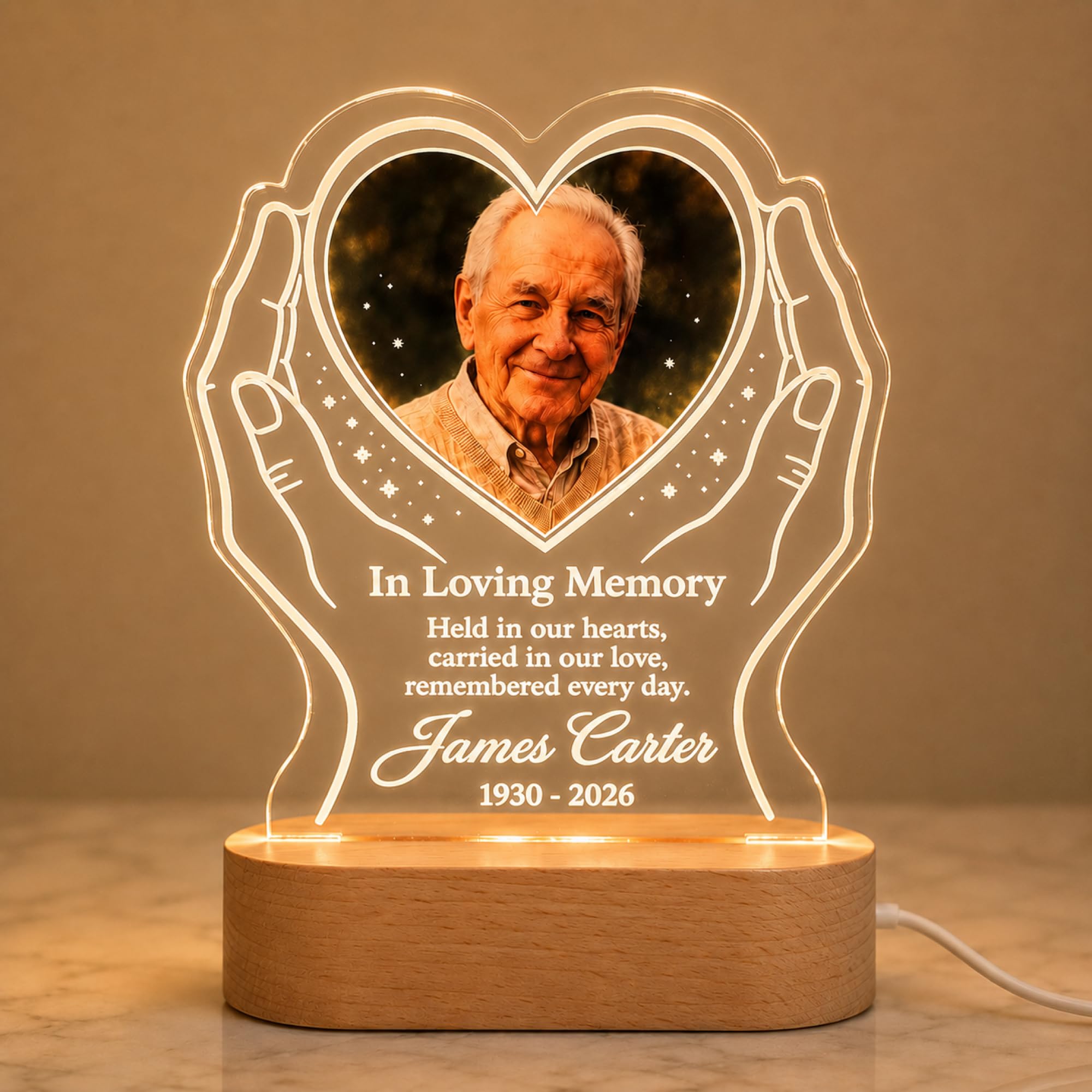 EternalEcho Personalised Held in Our Hearts Memorial Night Light with Photo, Name and Dates, Custom Hands and Heart Acrylic LED Remembrance Lamp, Sympathy Gift