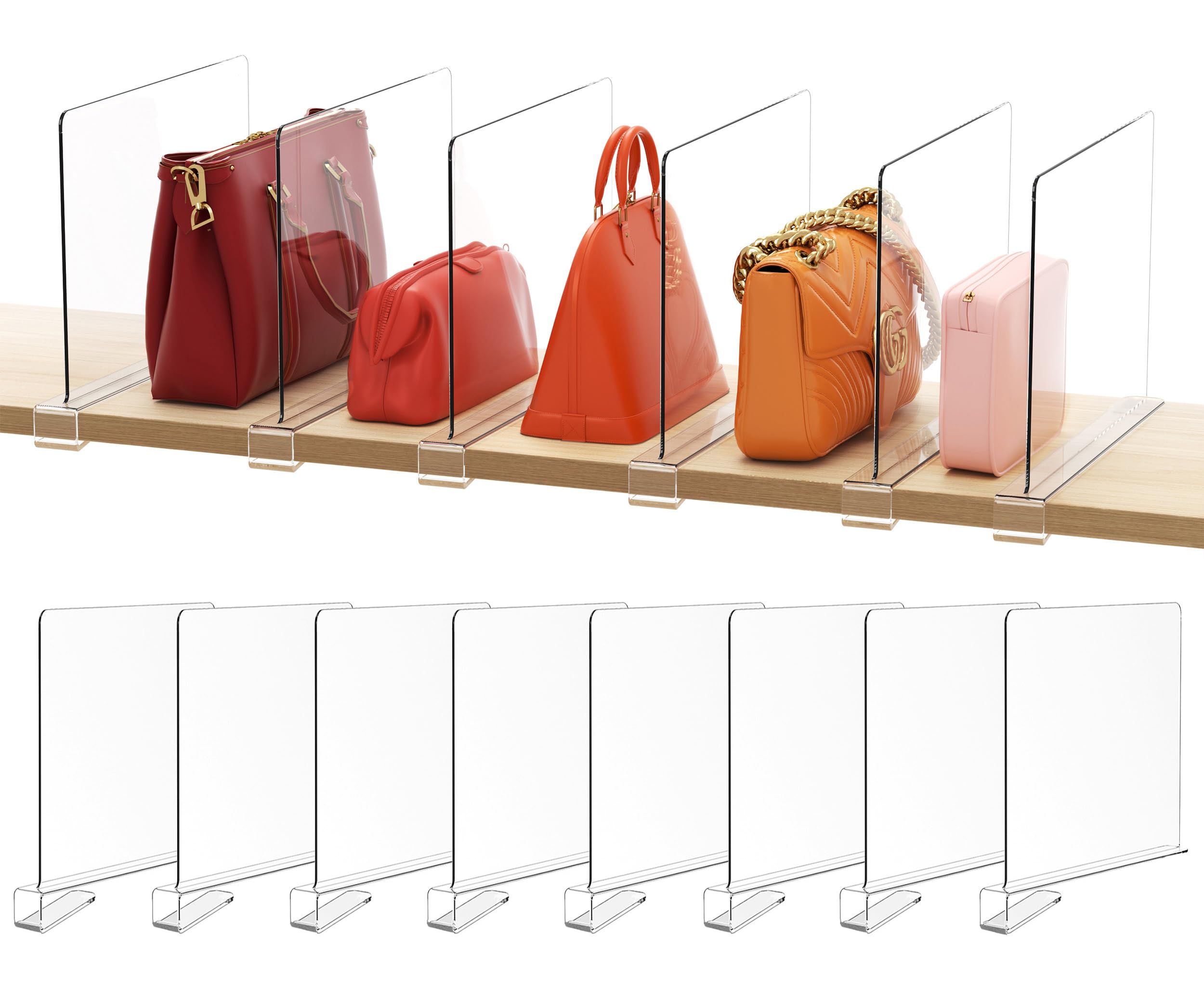 HBlife 12 Inches Tall [Extra Tall Version] Clear Shelf Dividers, 8 Pack Purse Organizer for Closet Perfect for Sweater, Shirts, Handbags, Acrylic Adjustable Bookshelf for Organization