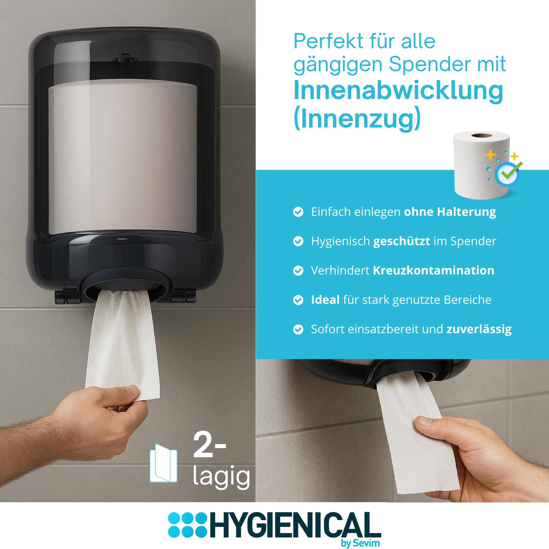 Papierhandtücher 2-lagig für Werkstatt & Gastronomie – ca. 150 m Papierrolle perforiert mit Spiral-Kern – saugstarkes Putzpapier für Spender – hygienische Reinigungstücher Industrie & KFZ