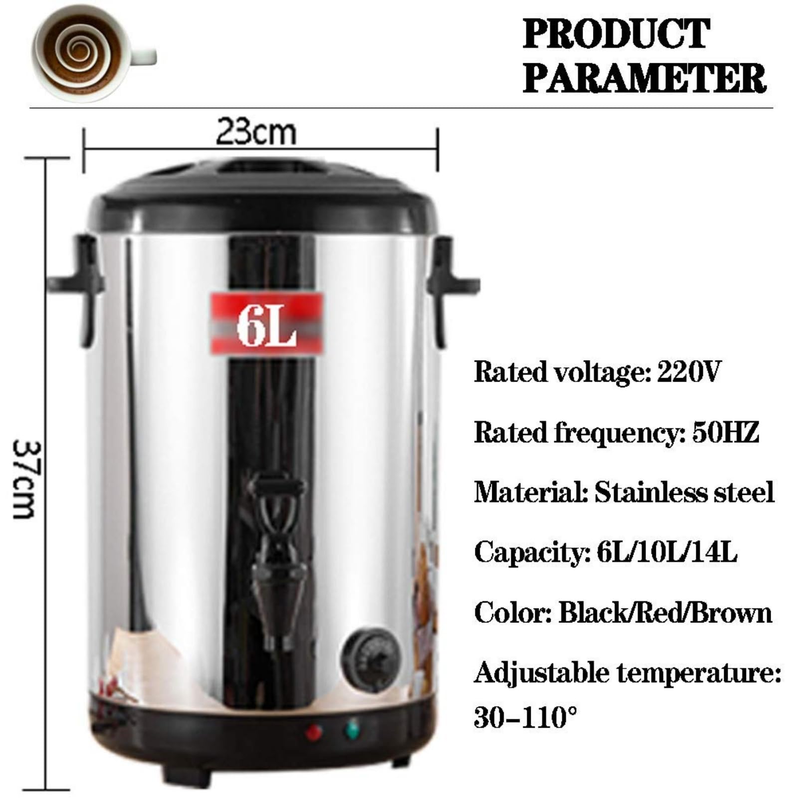 Hervidor de café Comercial para Grupos Grandes, Termo eléctrico para Agua Caliente, Acero Inoxidable de Doble Pared, dispensador/Servidor de Bebidas Aislado en Color Negro (Red 10L)
