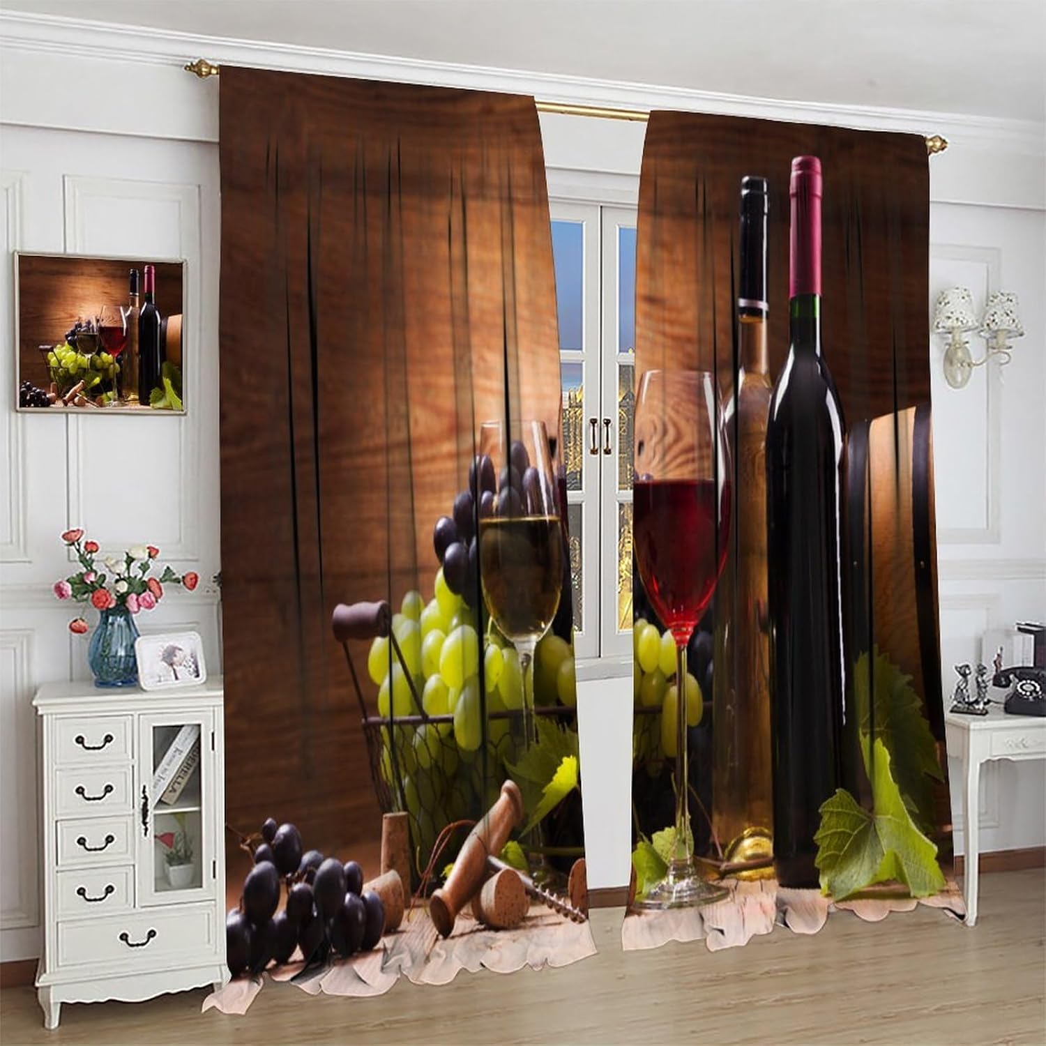 Rustic Wine Curtain,Glasses Red White Drink Grapes Pattern Blackout Window Treatments, Rod Pocket Thermal Insulated Drapes 2 Panels Sets for Bedroom Living Room Wine Cellar, 42" W X 63" L