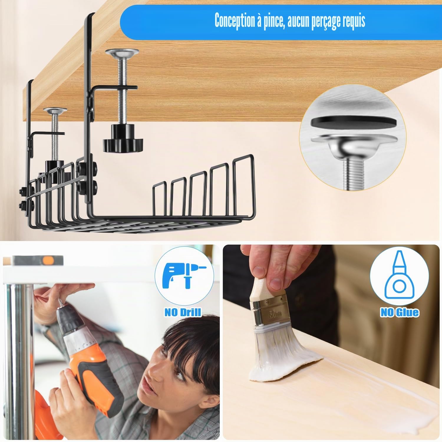 Plateau de Gestion des câbles sans perçage,Plateau de câbles avec Pince pour Gestion des Fils de Bureau,Rangement Cable Bureau,Support de câbles d'ordinateur pour Bureaus,Maison (2 Pièces)