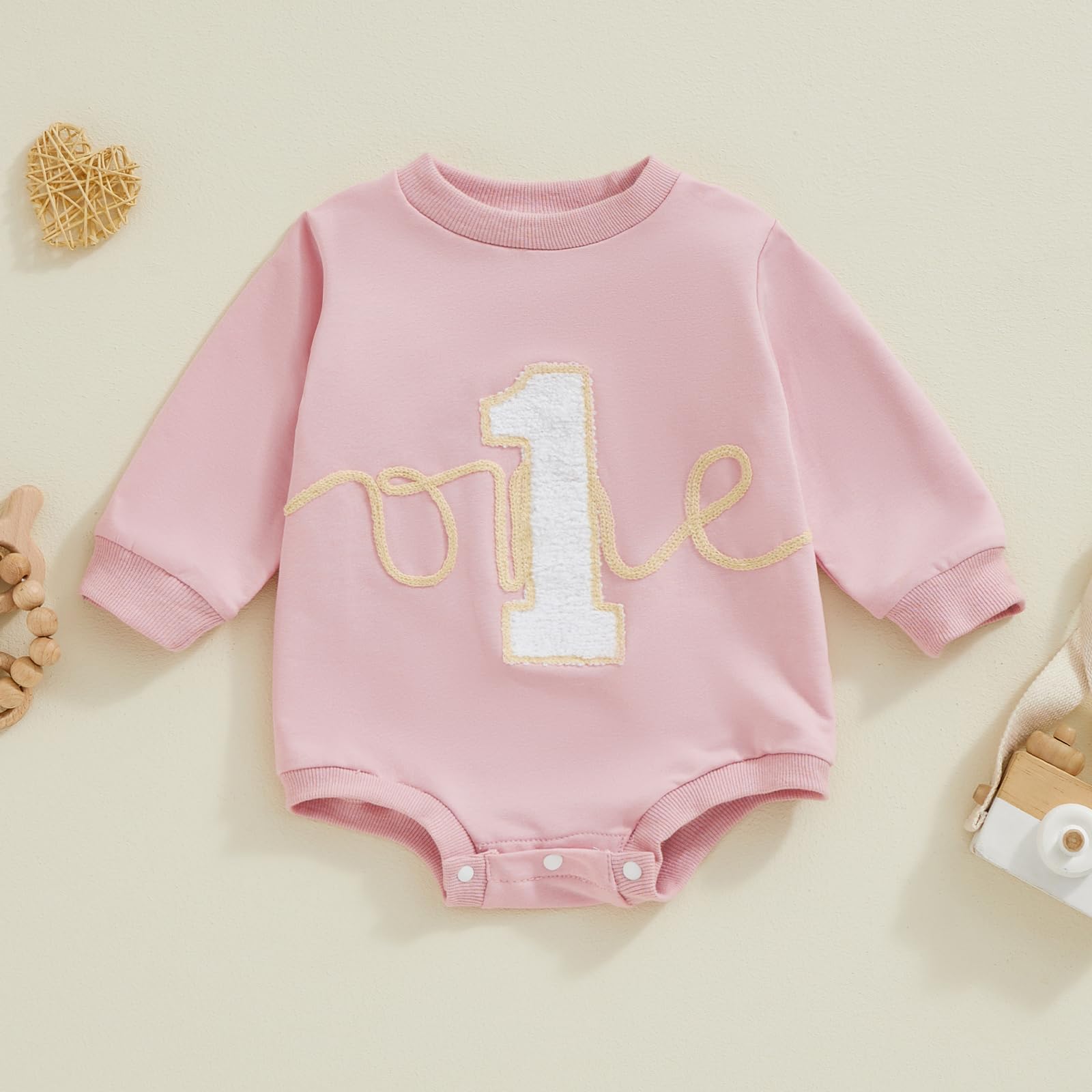 Socutebabe 1-st Birthday Outfit Girl Boy Baby First Birthday Sweatshirt Bubble Romper One Year Old Cake Smash Outfits (One Embroidered Pink, 12-18 Months)