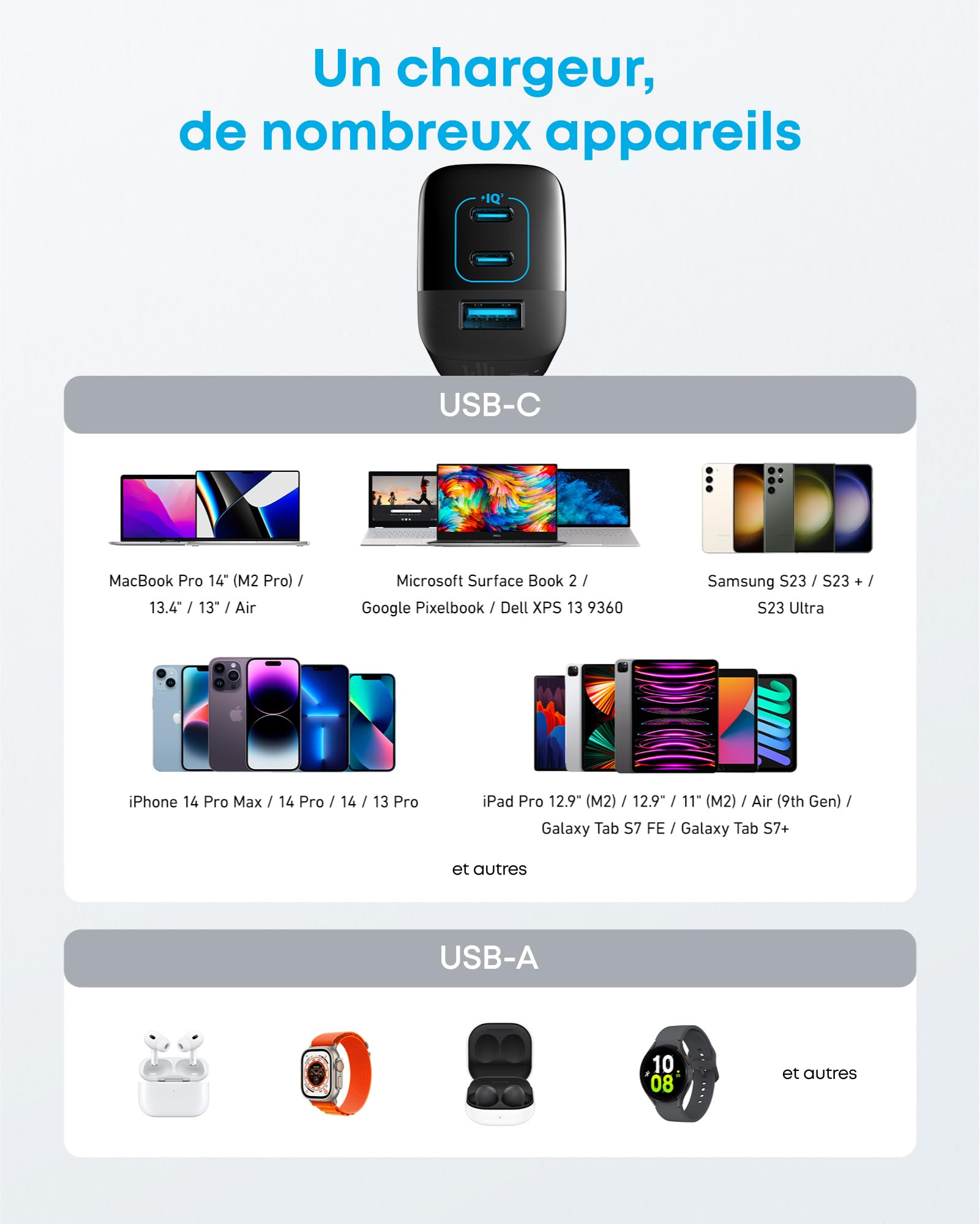 Anker 335 Chargeur USB C 67 W, Bloc d'alimentation Haute Performance avec PIQ 3.0, Chargeur Rapide 3 Ports, PD pour iPhone 16/15/14, MacBook Pro, iPad, Galaxy, Pixel et Autres (câble USB C)