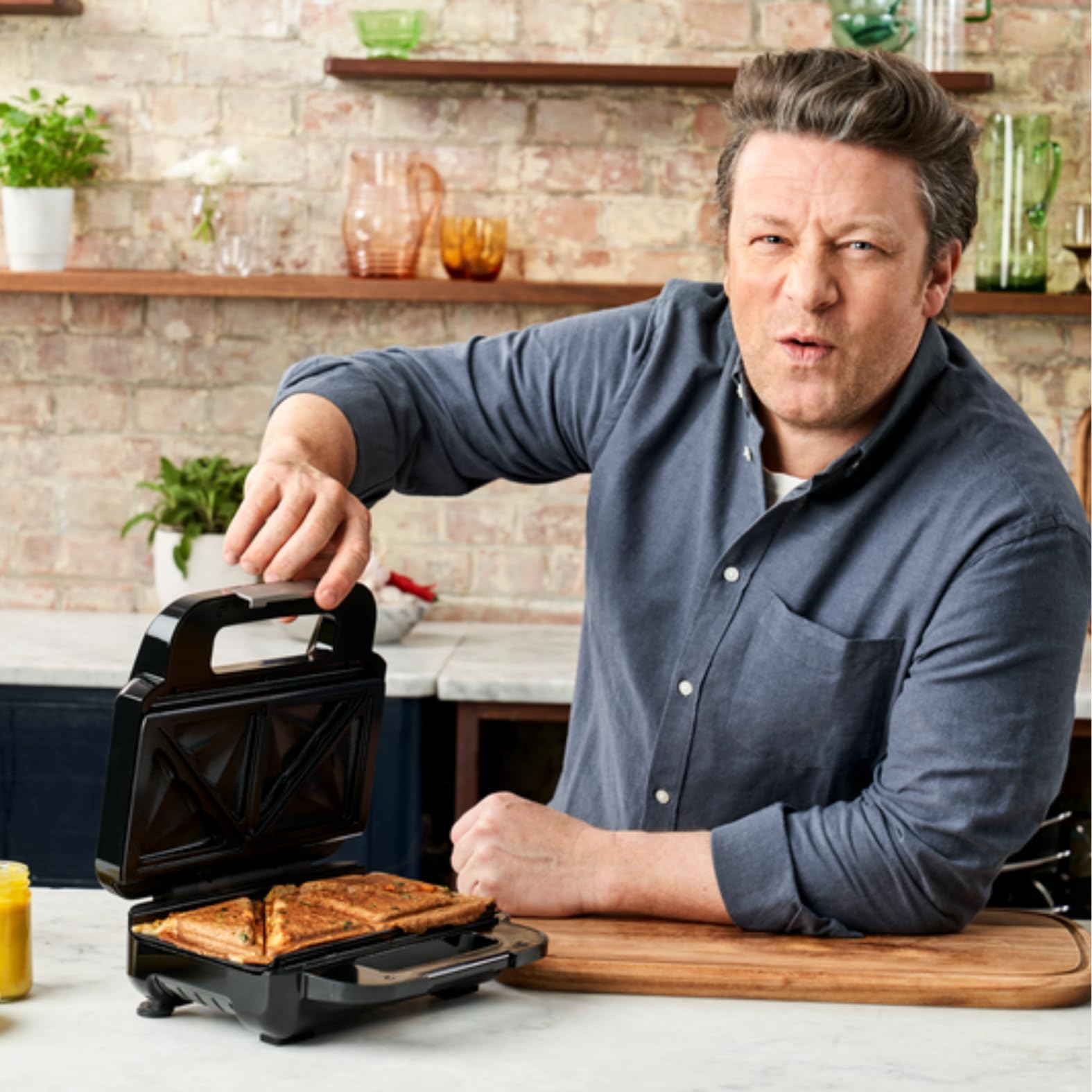 Tefal Jamie Oliver SW70J810 Opiekacz do kanapek i gofrownica 2 w 1, płyty nieprzywierające, można myć w zmywarce, lampka kontrolna pracy i temperatury, stal nierdzewna