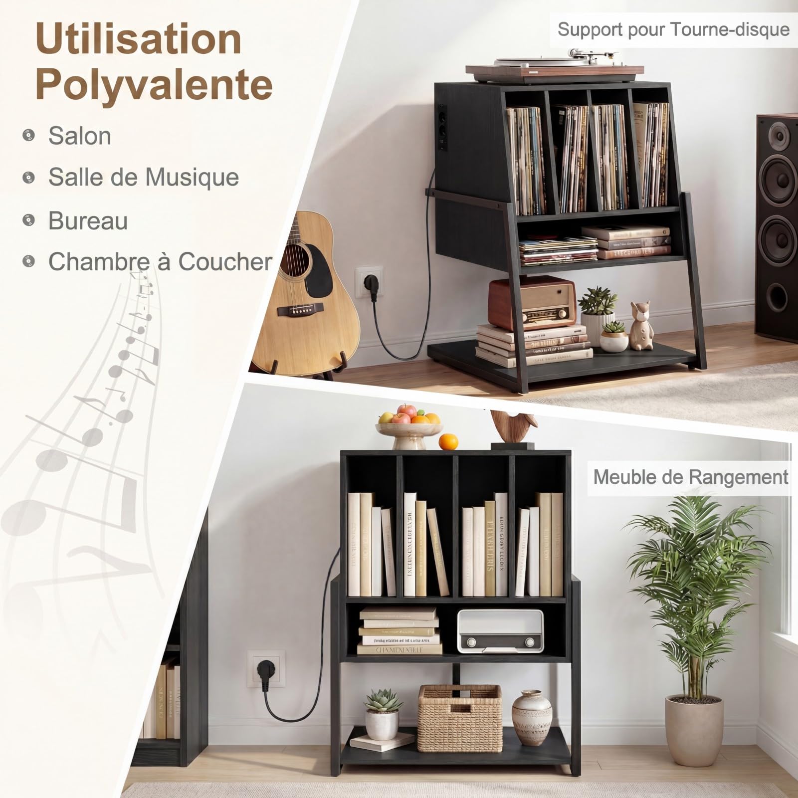 COSTWAY Meuble Platine Vinyle avec Prise, Meuble Rangement jusqu'à 180 Vinyle, 4 roulettes Inclus, Étagères, 5 Compartiments, Support Tourne Disque pour CD, DVD, Manga, Livres(avec Prise,Noir)