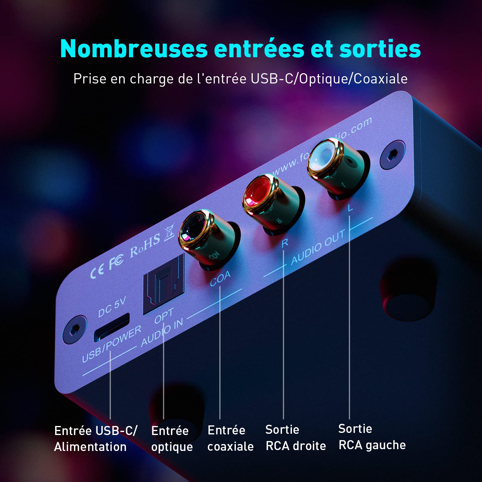 Fosi Audio K5 Pro Amplificateur Casque USB C DAC HiFi, Entrées USB/Optique/Coaxiale/Microphone vers Sortie AUX/RCA 3,5 mm, Ampli DAC de jeu Haute Résolution pour PS5/PC/MAC/Haut-Parleurs Actifs