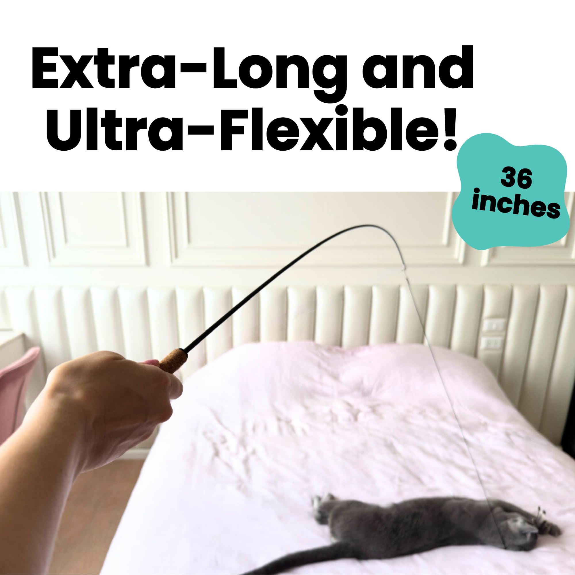 Forever Stick - Paquete de juguetes para gatos – El juguete irrompible para gatos con cuerdas de varita extra para gatos, cintas arcoíris y 6 juguetes de plumas, paquete de juguetes de