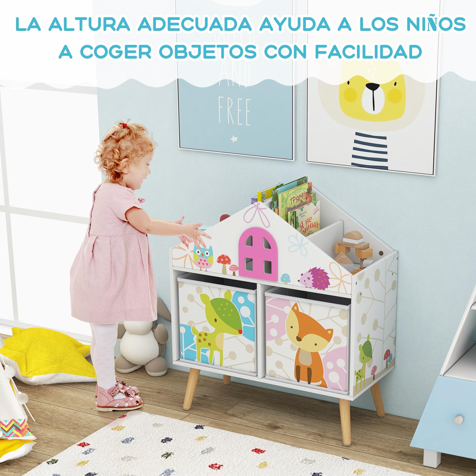 GOPLUS Estanteria Infantil de Juguetes y Libros para Niños, Organizador de Almacenamiento con 2 Cajones y 4 Compartimentos Abiertos de Gran Capacidad, Mueble Infantil con Patas Elevadas, 62×30×72 cm