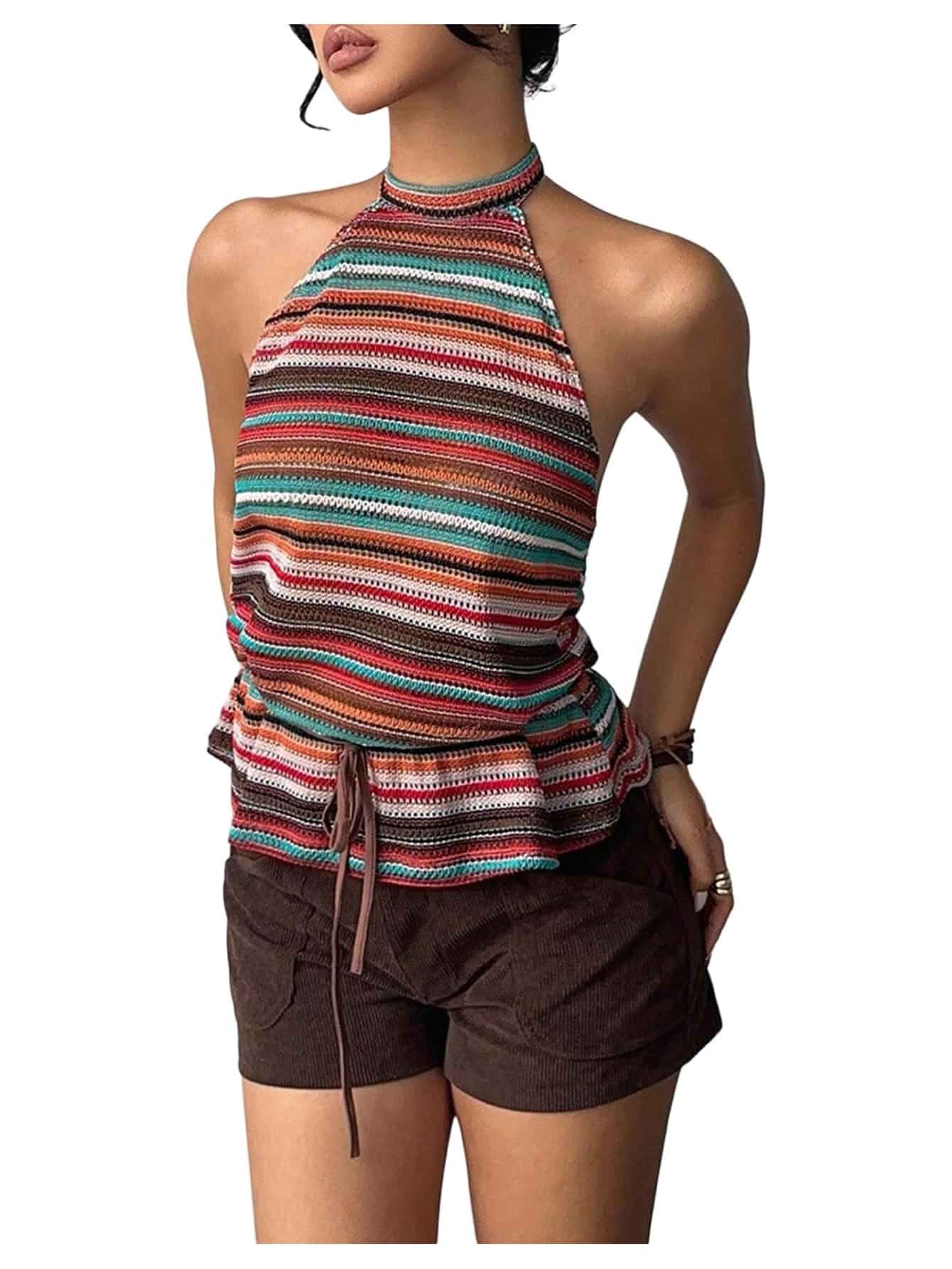 MakeMeChic Women's Crochet Halter Backless Boho Tie Summer Tank Tops Summer, Vacation Cruise, Beachy Brunch, Going Out, Crochet Tops