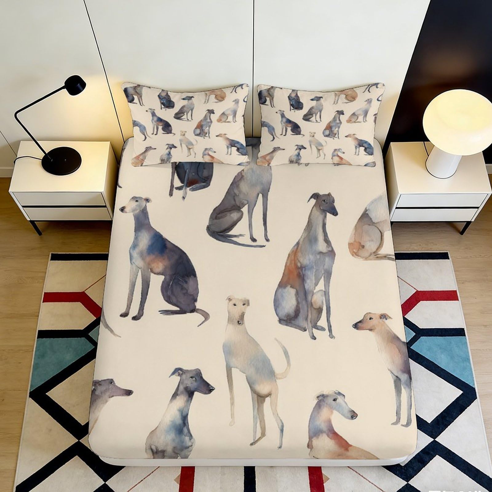 3D Printed Watercolor Greyhound Fitted Sheet Microfiber Non-Slip Dog Art Mattress Cover Bedroom Decor 160x200x25cm