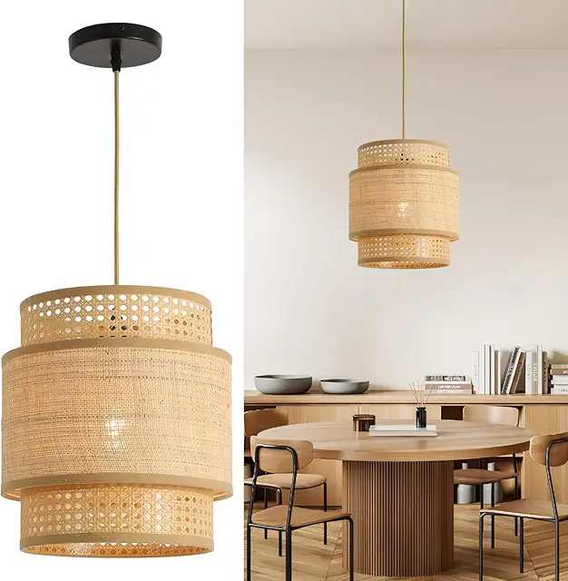 FORCOSO Rattan Hängelampe - Vintage Boho Pendelleuchte für Wohnzimmer, Küche, Schlafzimmer